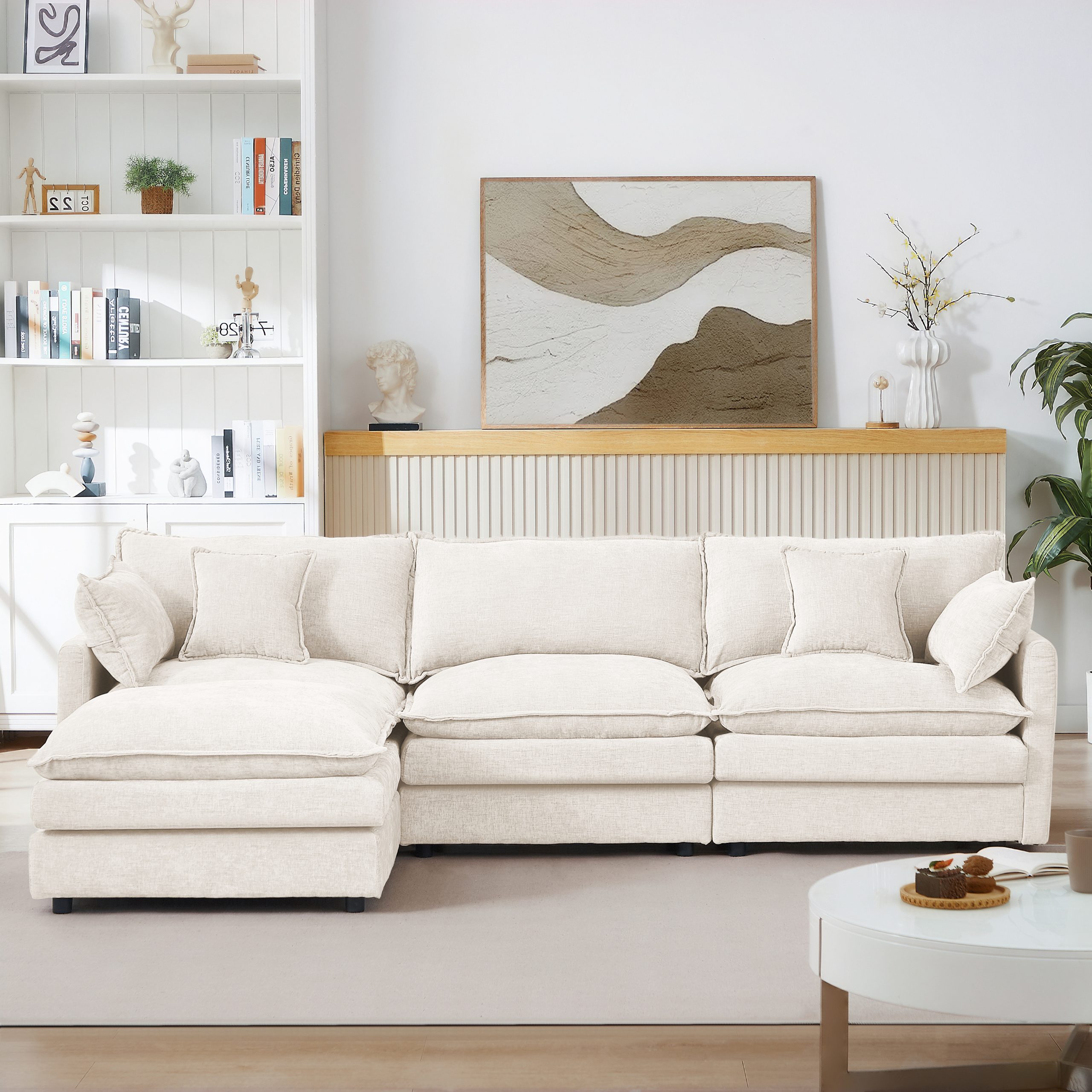 Modular Sectional Sofa, 102 Inch L Shaped Couch Set for Living Room, 3-Seater Comfy Cloud Couches with Movable Ottoman, DIY Combination, Chenille, Beige - Image 2