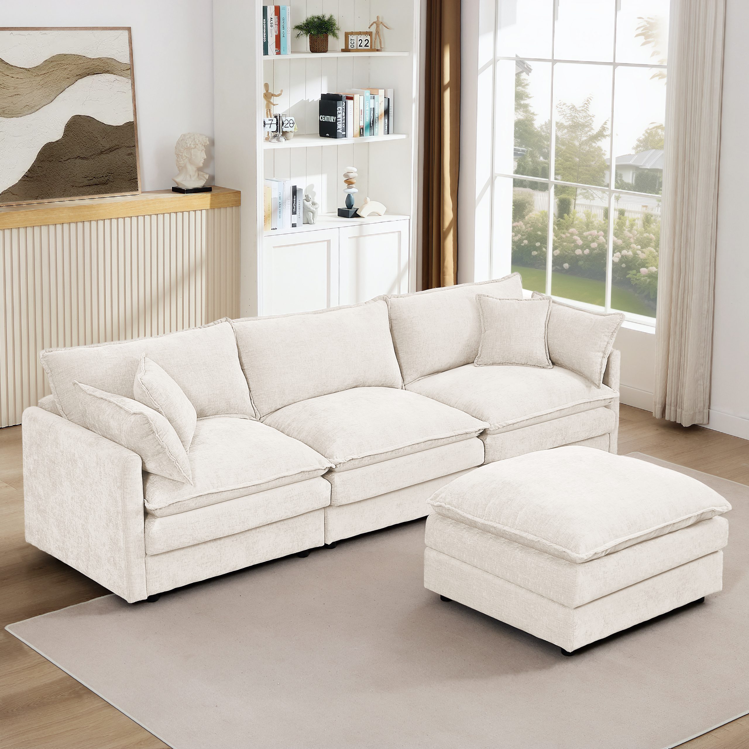 Modular Sectional Sofa, 102 Inch L Shaped Couch Set for Living Room, 3-Seater Comfy Cloud Couches with Movable Ottoman, DIY Combination, Chenille, Beige - Image 3