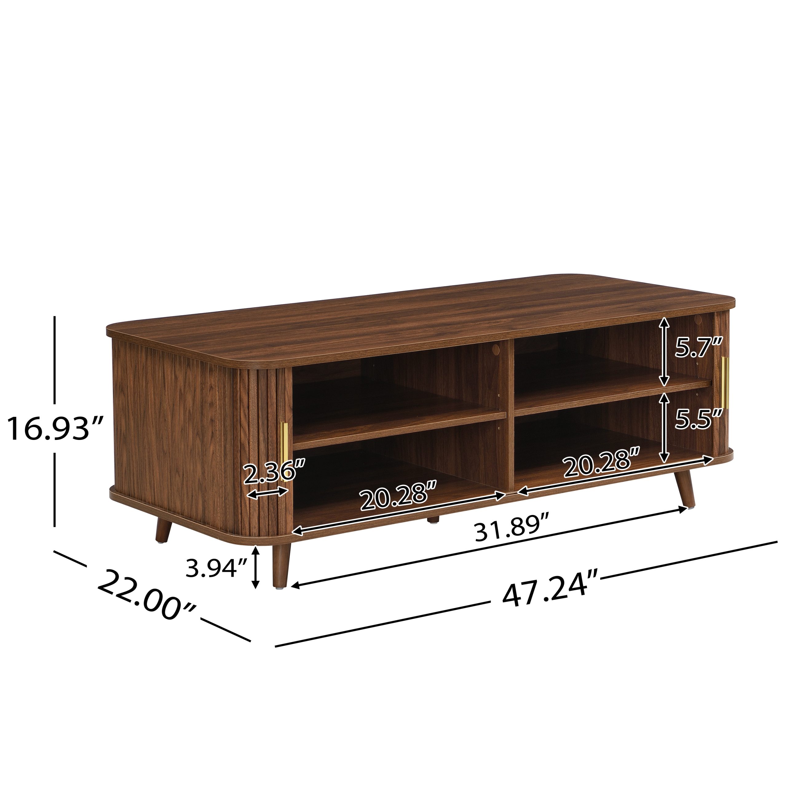 Modern Mid-Century Coffee Table with Storage: Walnut Wood Finish, 4 Open Shelves & 2 Doors, For Living Room, Entertainment Center, Home Theater - Image 2
