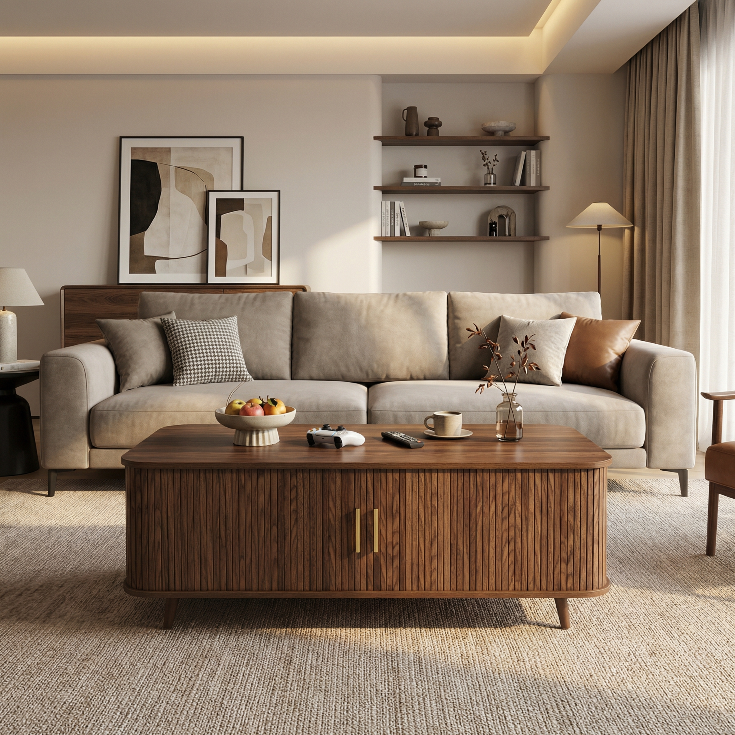Modern Mid-Century Coffee Table with Storage: Walnut Wood Finish, 4 Open Shelves & 2 Doors, For Living Room, Entertainment Center, Home Theater - Image 3