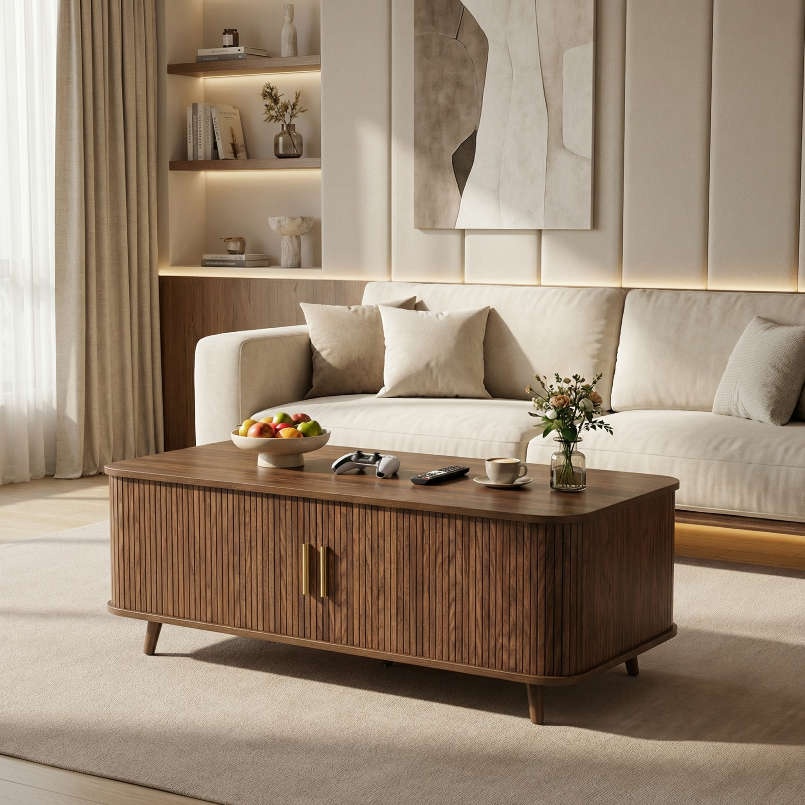 Modern Mid-Century Coffee Table with Storage: Walnut Wood Finish, 4 Open Shelves & 2 Doors, For Living Room, Entertainment Center, Home Theater - Image 4
