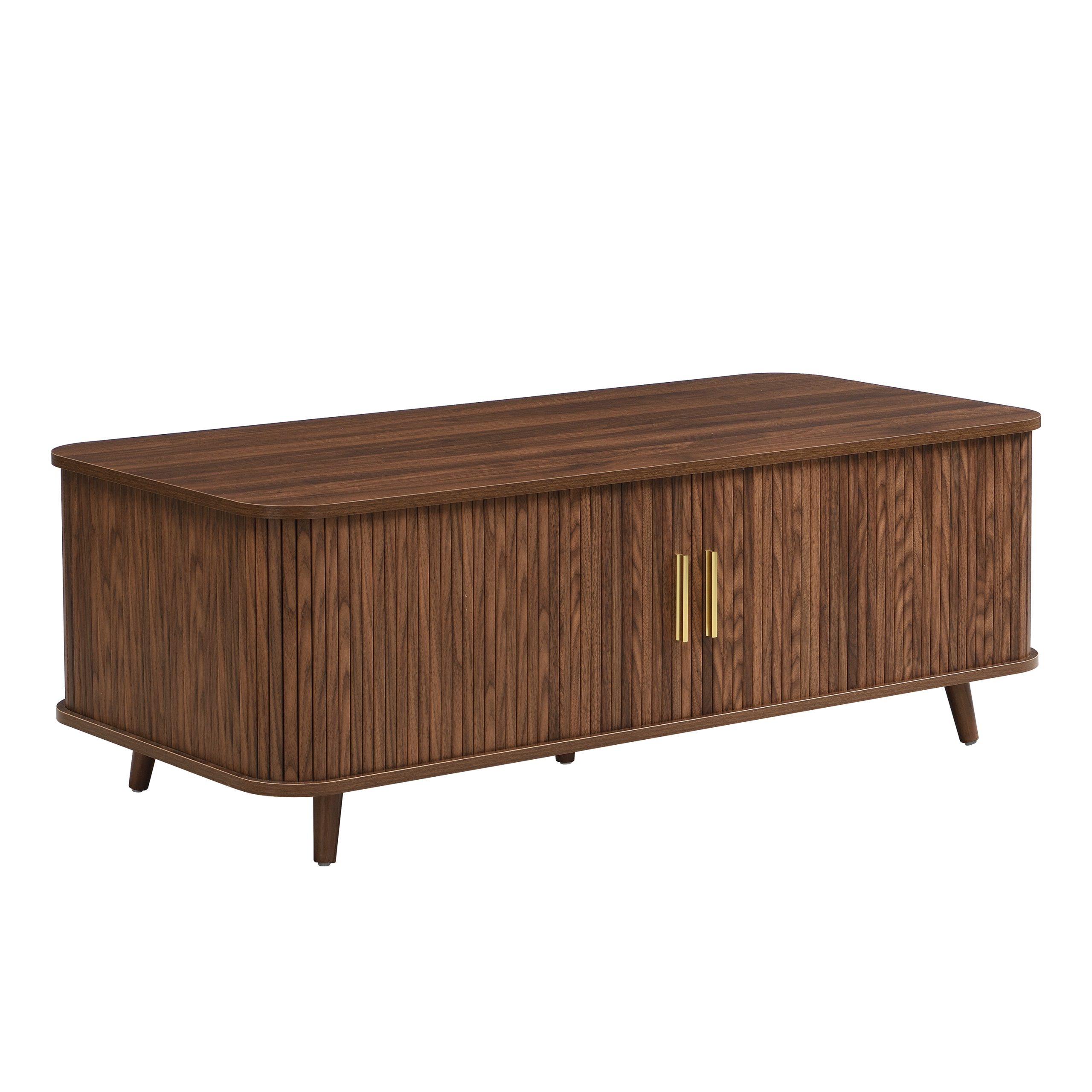 Modern Mid-Century Coffee Table with Storage: Walnut Wood Finish, 4 Open Shelves & 2 Doors, For Living Room, Entertainment Center, Home Theater - Image 5