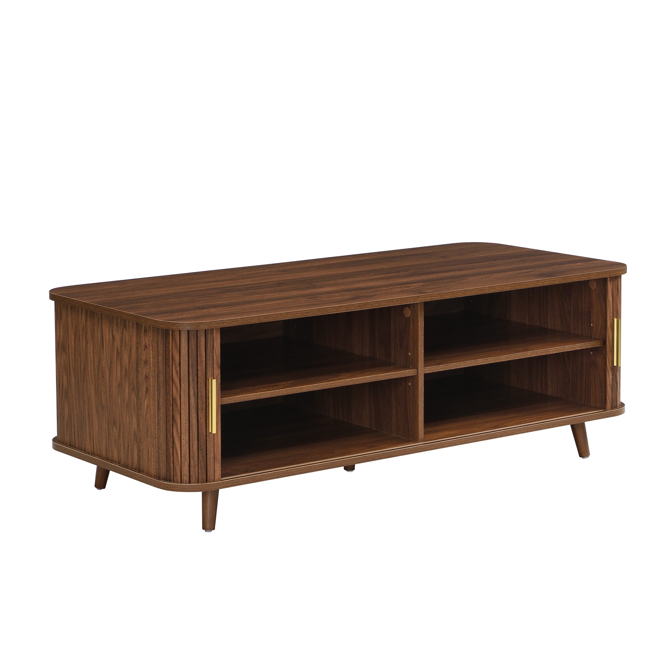 Modern Mid-Century Coffee Table with Storage: Walnut Wood Finish, 4 Open Shelves & 2 Doors, For Living Room, Entertainment Center, Home Theater - Image 6