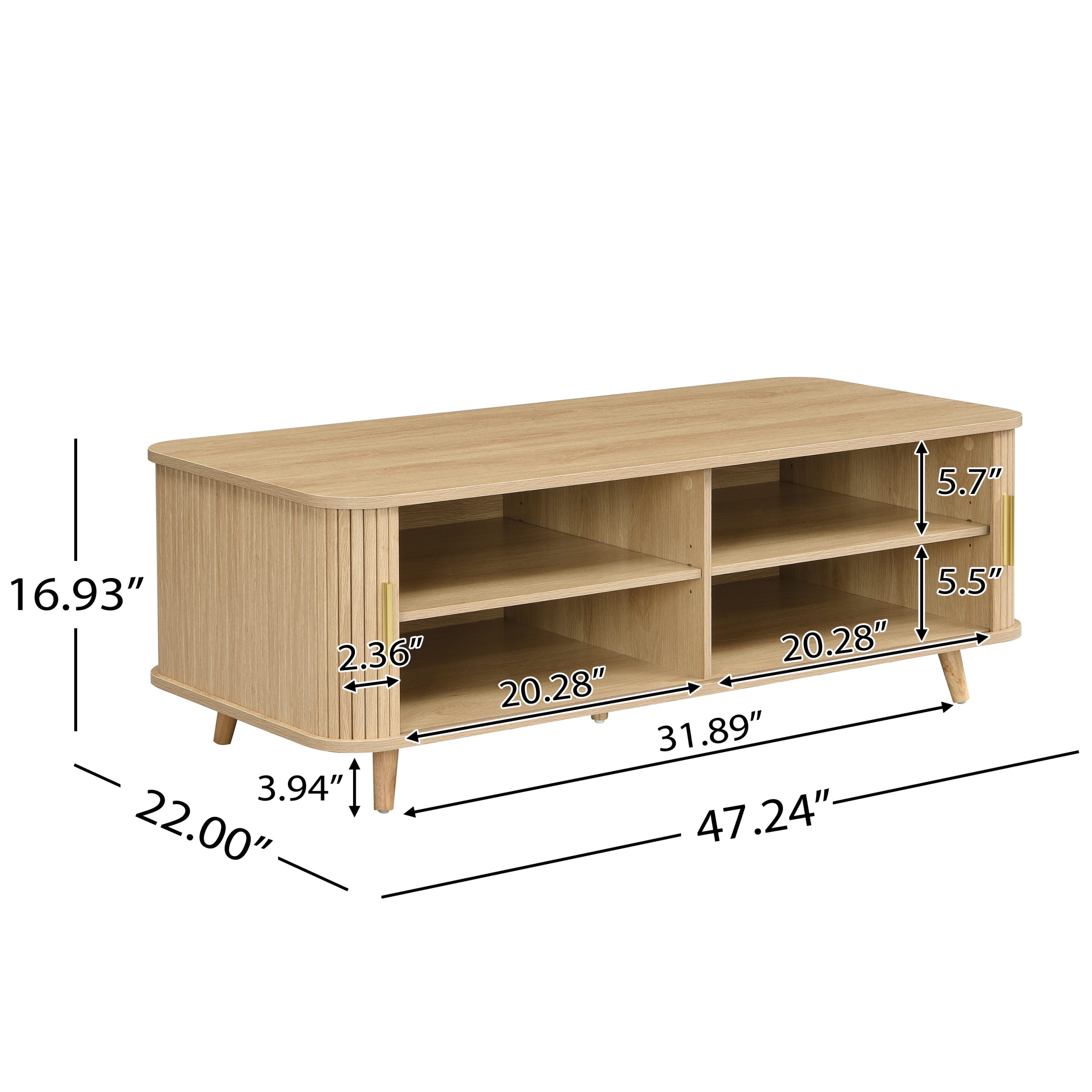 Modern Mid-Century Coffee Table with Storage: Natural Wood Finish, 4 Open Shelves & 2 Doors, For Living Room, Entertainment Center, Home Theater - Image 2