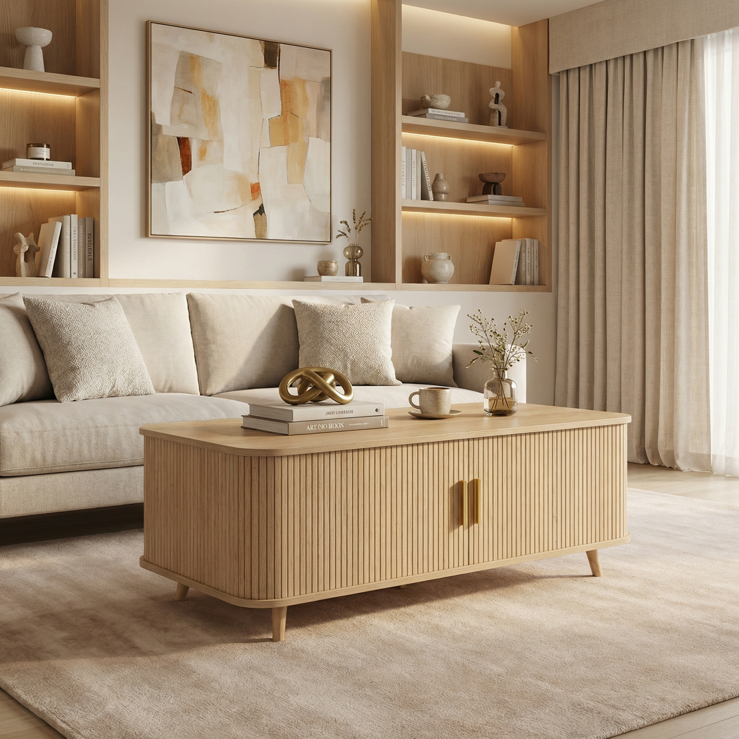 Modern Mid-Century Coffee Table with Storage: Natural Wood Finish, 4 Open Shelves & 2 Doors, For Living Room, Entertainment Center, Home Theater - Image 3