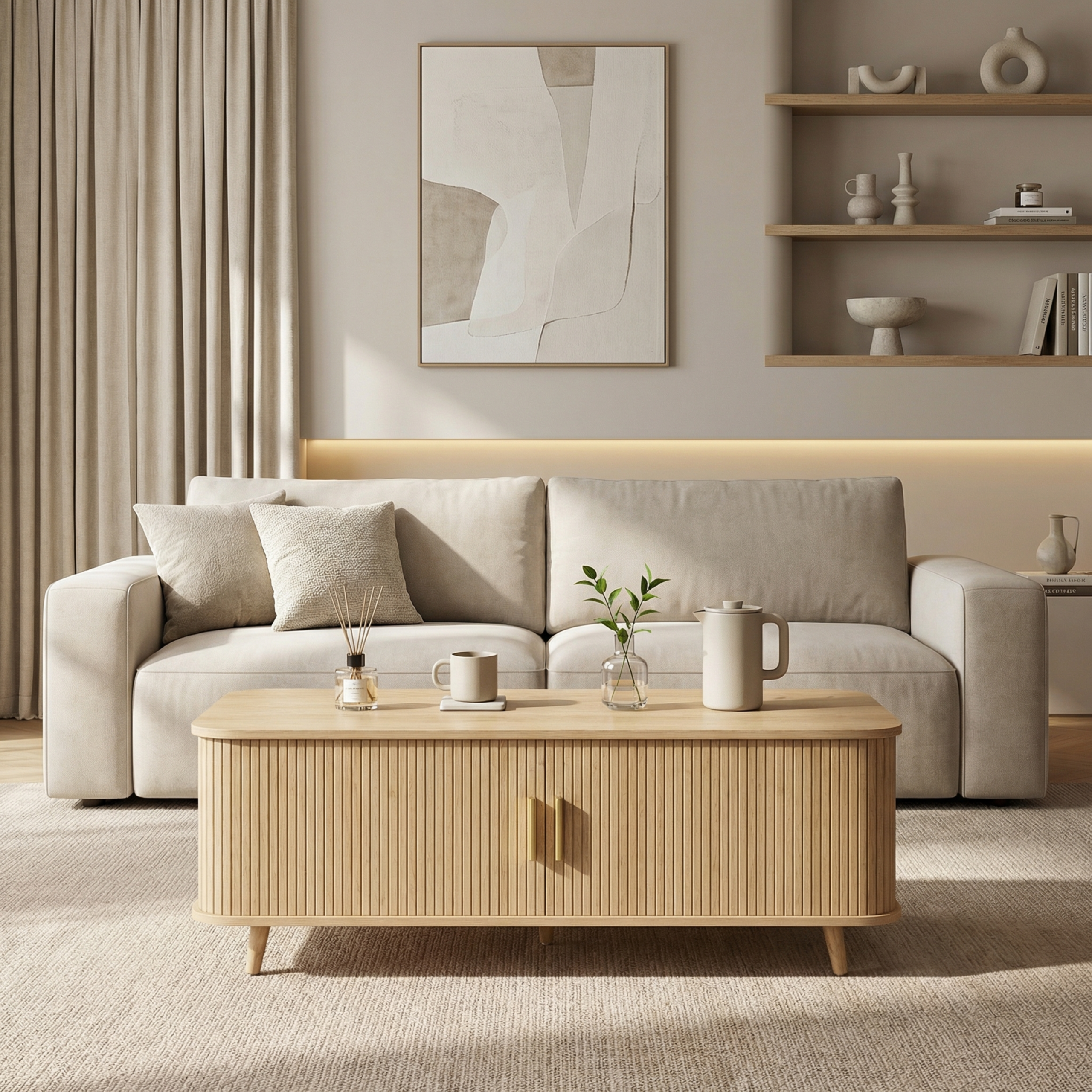Modern Mid-Century Coffee Table with Storage: Natural Wood Finish, 4 Open Shelves & 2 Doors, For Living Room, Entertainment Center, Home Theater - Image 4