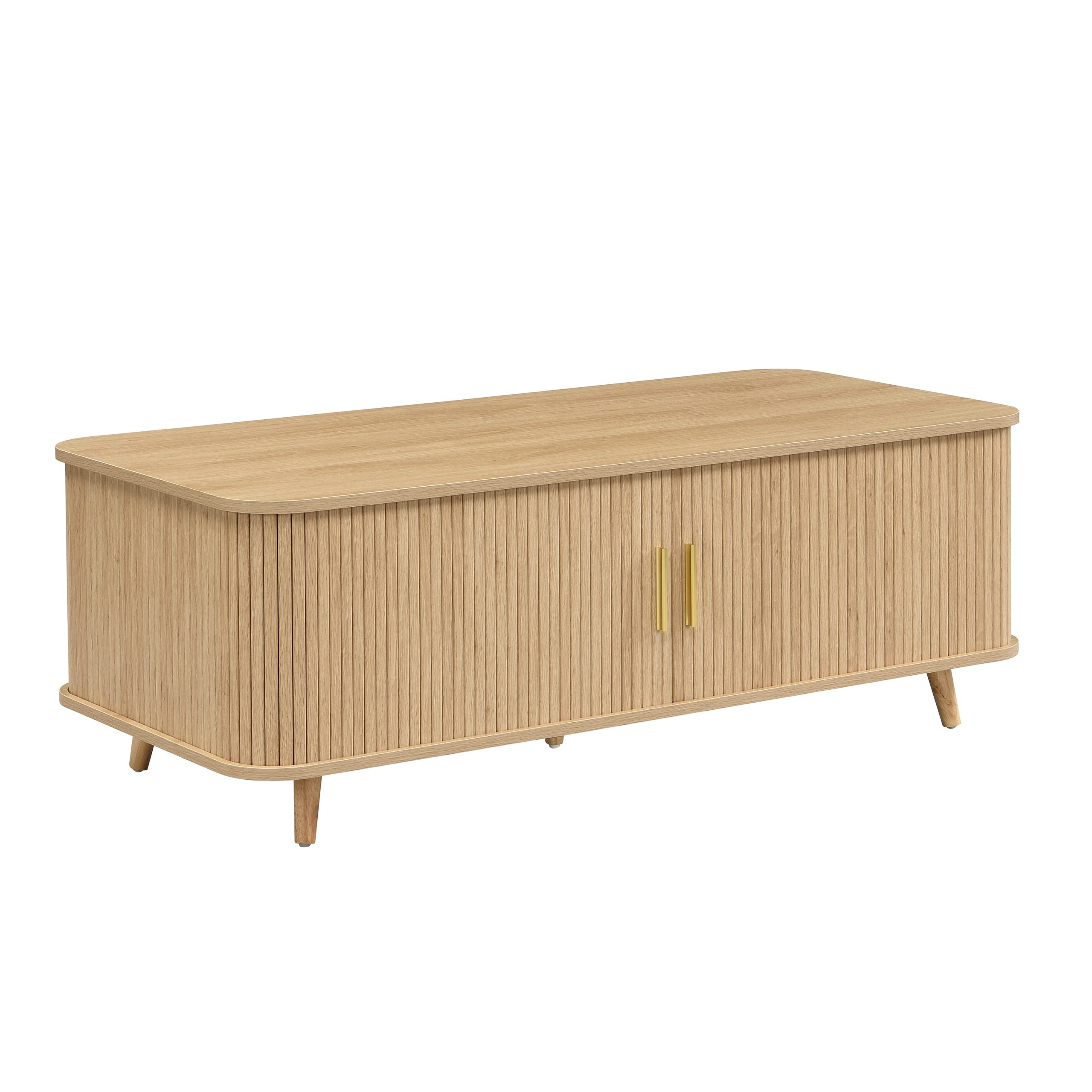 Modern Mid-Century Coffee Table with Storage: Natural Wood Finish, 4 Open Shelves & 2 Doors, For Living Room, Entertainment Center, Home Theater - Image 5