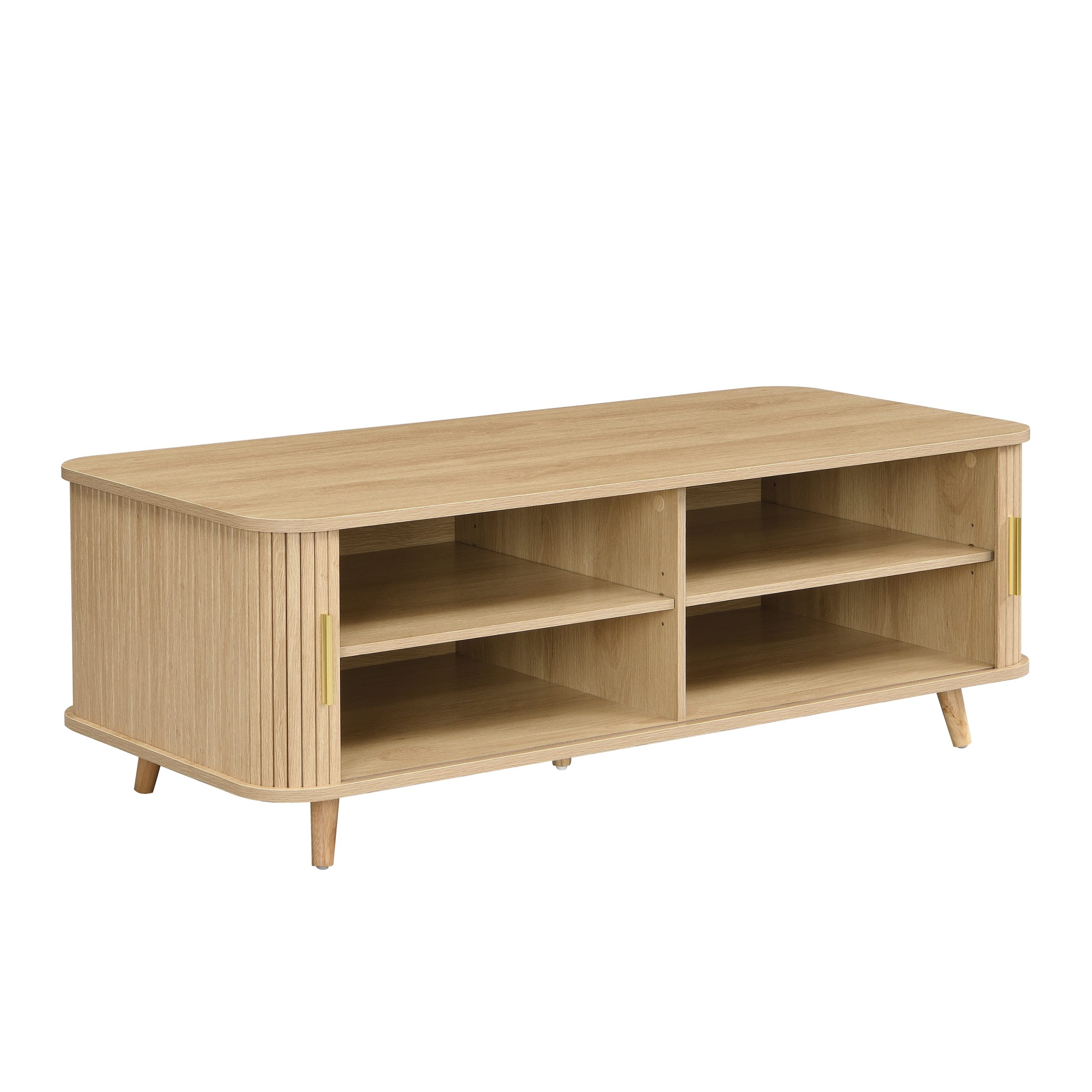 Modern Mid-Century Coffee Table with Storage: Natural Wood Finish, 4 Open Shelves & 2 Doors, For Living Room, Entertainment Center, Home Theater - Image 6