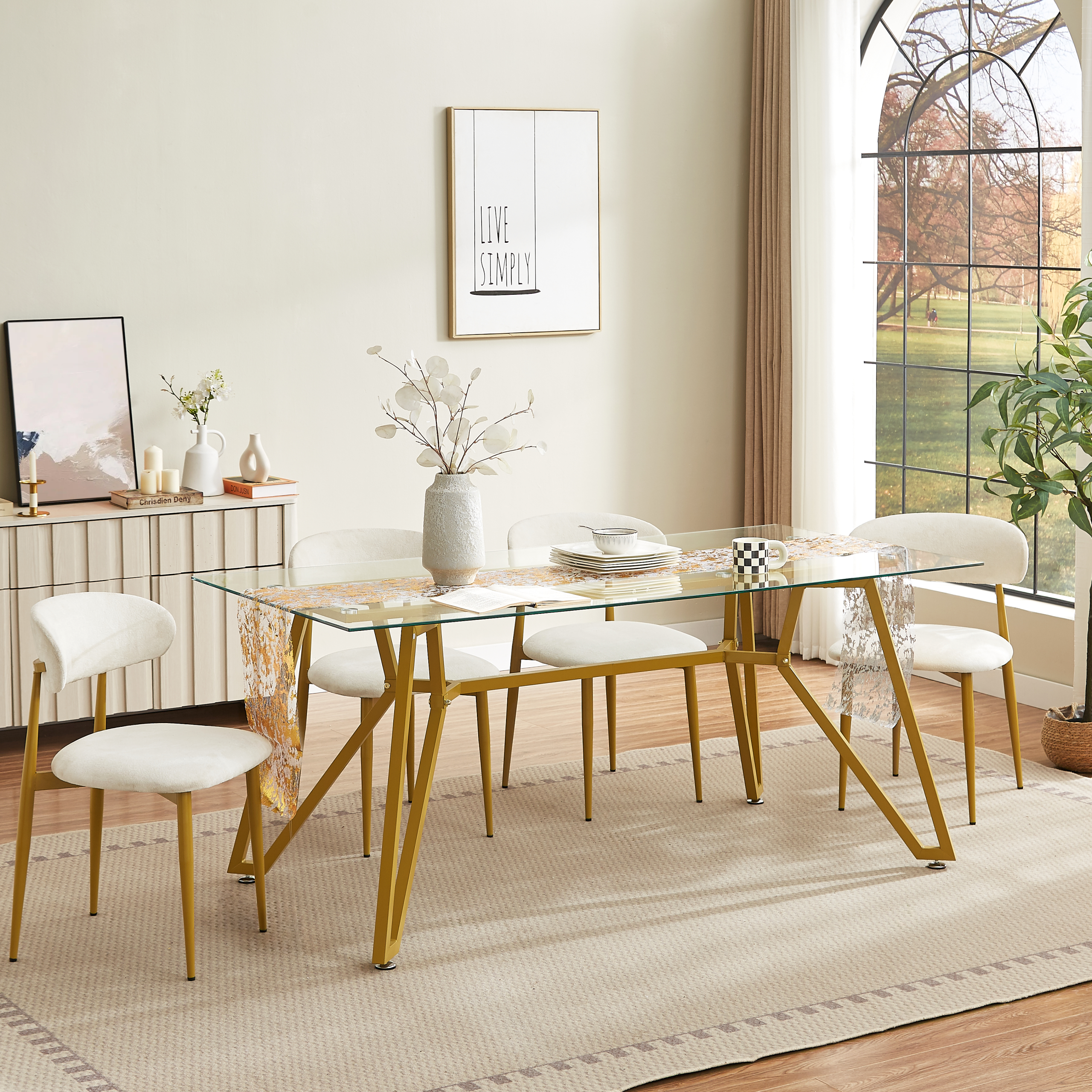 70.9-inch rectangular glass dining table, suitable for 1-8 people, modern style home kitchen dining table, equipped with sturdy metal table legs,suitable for dining room,living rooms, offices, Gold