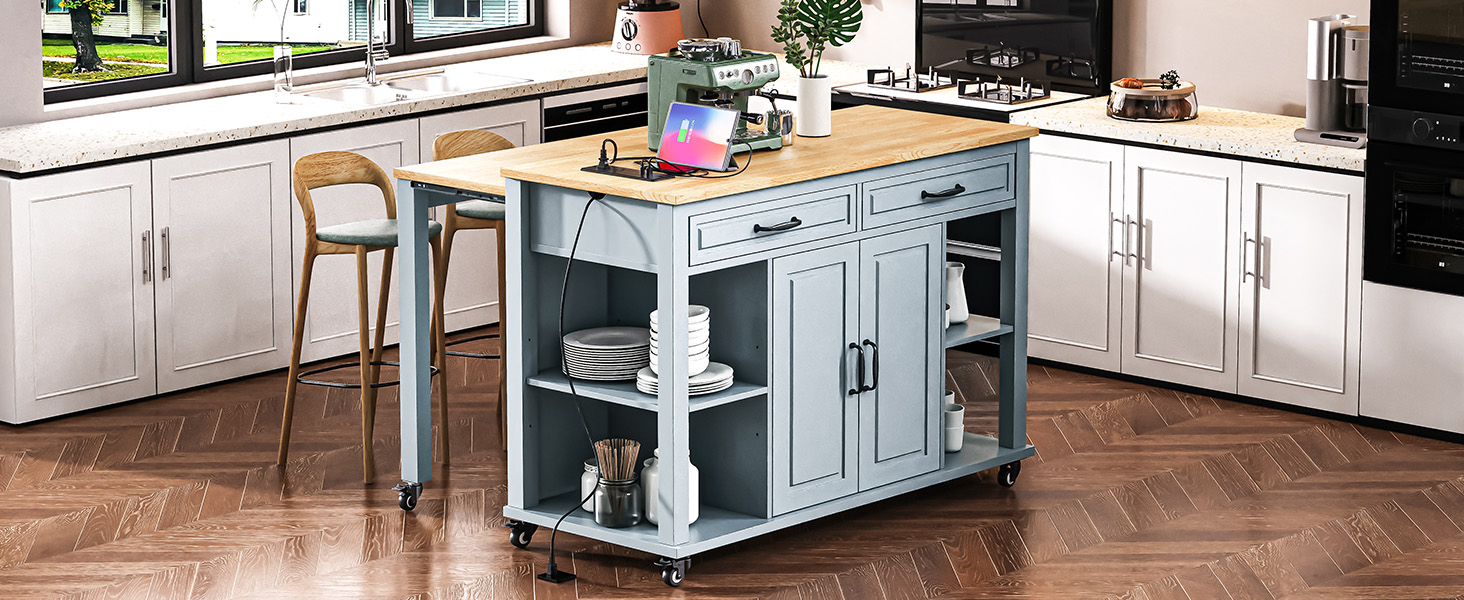 K&K 47 inch Kitchen Island with Extendable Dining Table, Rubber Wood Veneer Kitchen Table with Internal Storage Rack, Power Outlet, Kitchen island with Storage 2 Drawers 2 Cabinet,Grey Blue - Image 3
