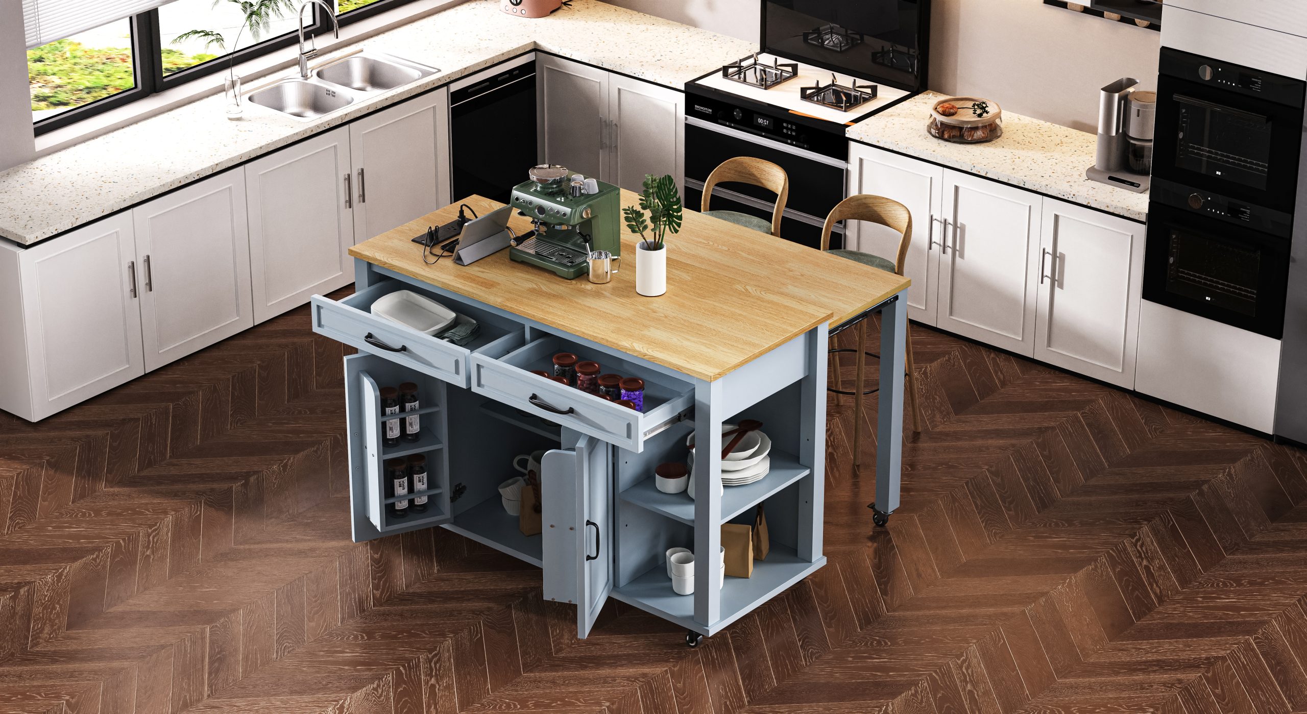 K&K 47 inch Kitchen Island with Extendable Dining Table, Rubber Wood Veneer Kitchen Table with Internal Storage Rack, Power Outlet, Kitchen island with Storage 2 Drawers 2 Cabinet,Grey Blue - Image 6