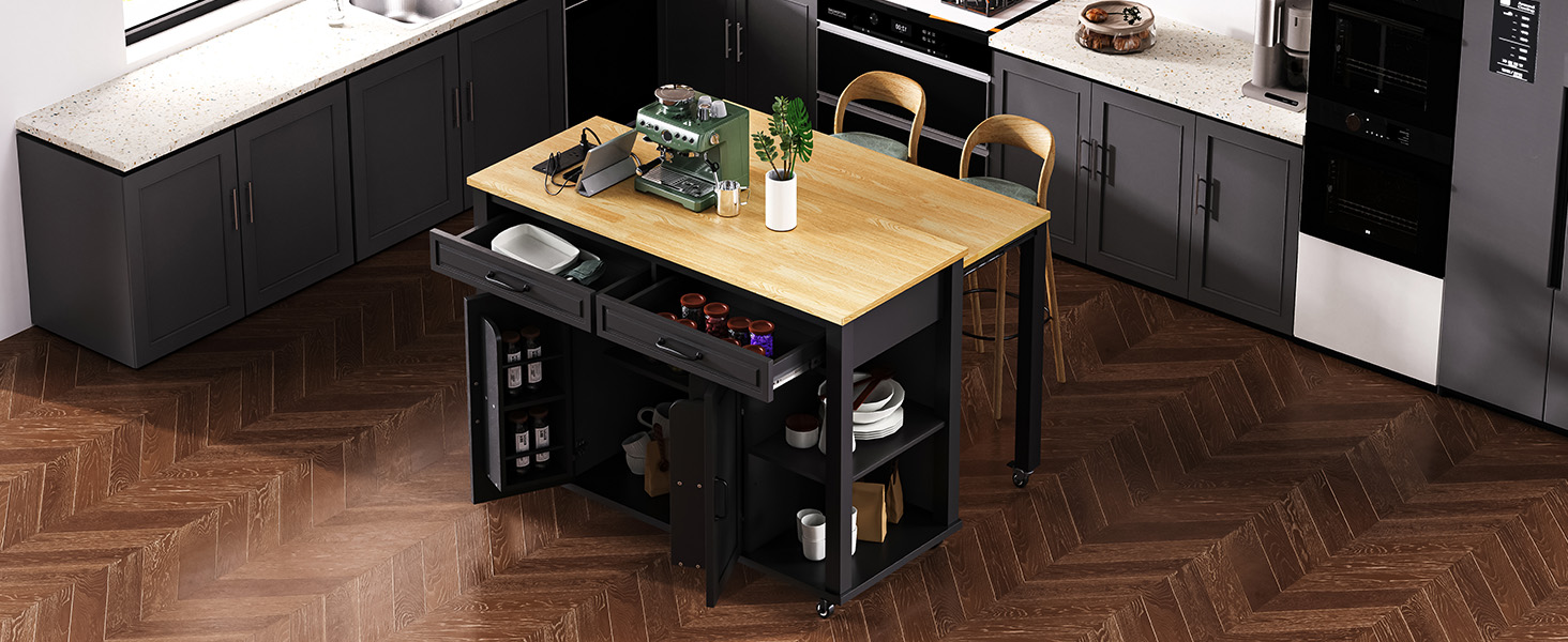 K&K 47 inch Kitchen Island with Extendable Dining Table, Rubber Wood Veneer Kitchen Table with Internal Storage Rack, Power Outlet, Kitchen island with Storage 2 Drawers 2 Cabinet, Black - Image 2