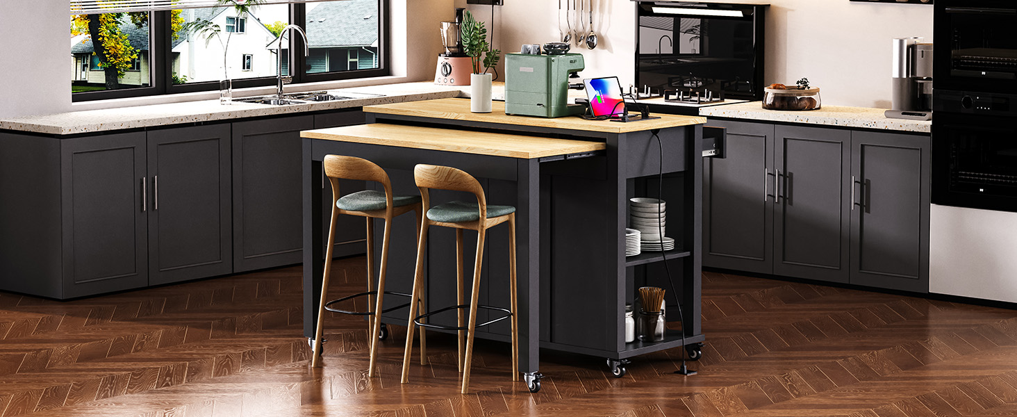 K&K 47 inch Kitchen Island with Extendable Dining Table, Rubber Wood Veneer Kitchen Table with Internal Storage Rack, Power Outlet, Kitchen island with Storage 2 Drawers 2 Cabinet, Black - Image 3