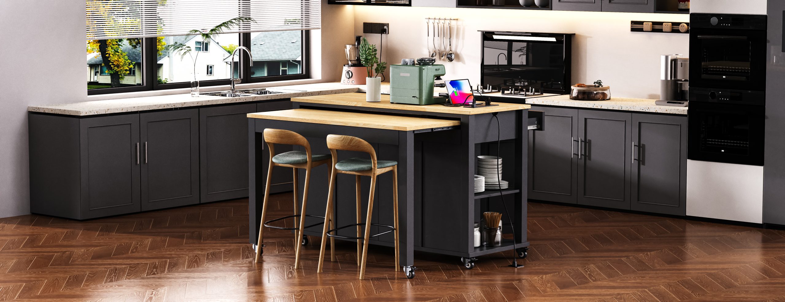 K&K 47 inch Kitchen Island with Extendable Dining Table, Rubber Wood Veneer Kitchen Table with Internal Storage Rack, Power Outlet, Kitchen island with Storage 2 Drawers 2 Cabinet, Black - Image 5