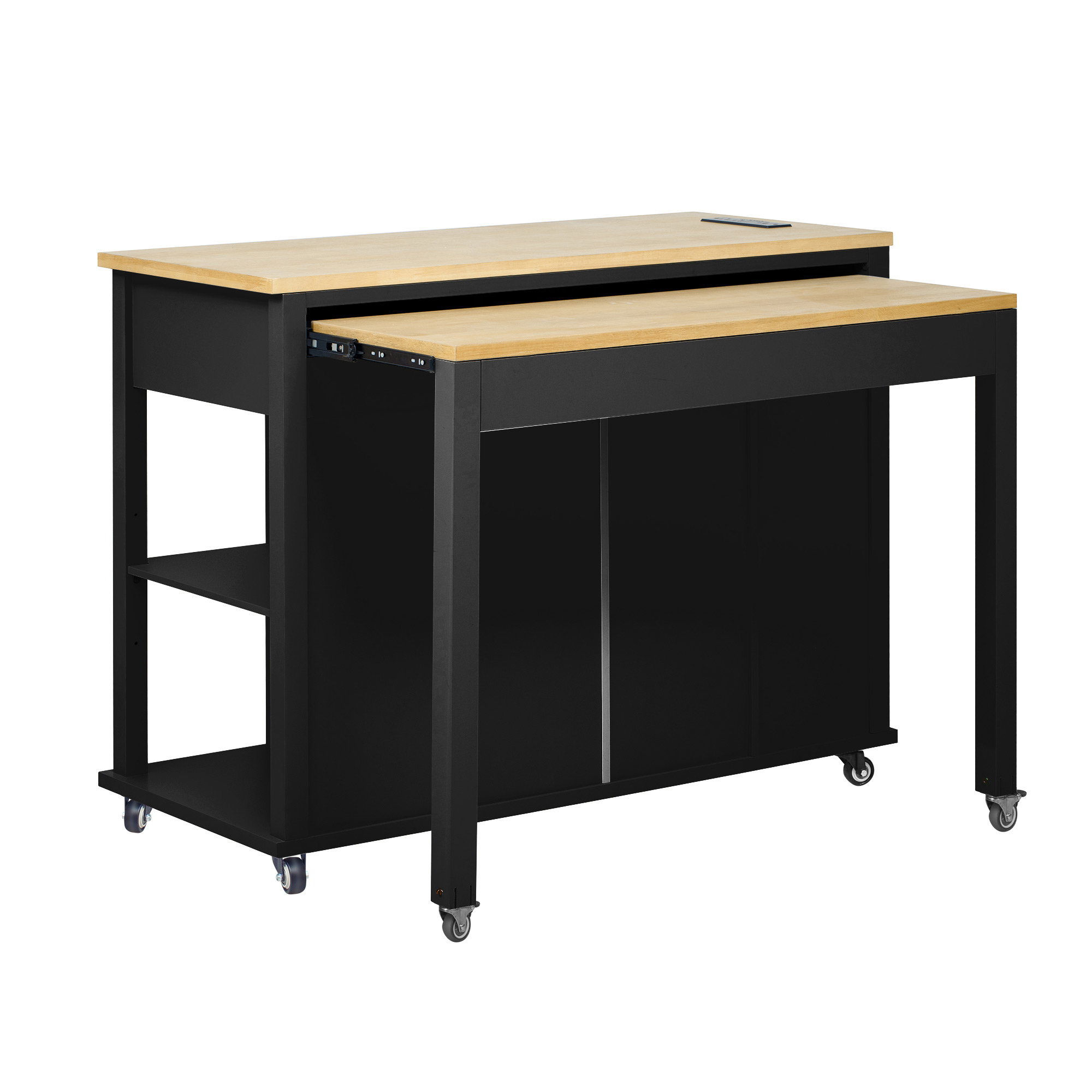 K&K 47 inch Kitchen Island with Extendable Dining Table, Rubber Wood Veneer Kitchen Table with Internal Storage Rack, Power Outlet, Kitchen island with Storage 2 Drawers 2 Cabinet, Black - Image 6