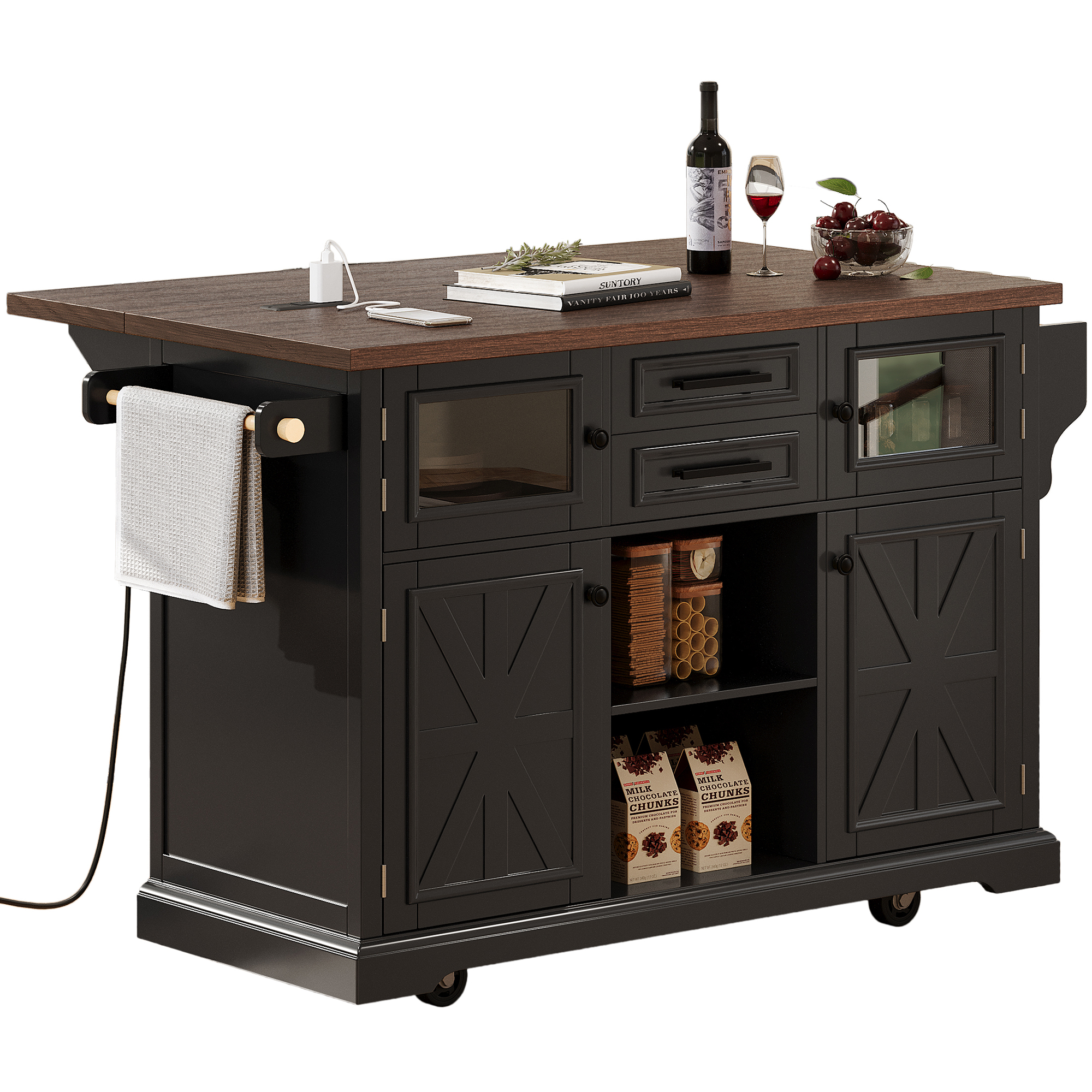 K&K 54.9" Kitchen Island with Drop Leaf, Power Outlet, Kitchen Storage Cart with 4 Door Shelves, Cross Barn Doors & Visual Glass Door, Rolling Kitchen Island on 4 Wheels for Kitchen, Dining Room,Black - Image 2