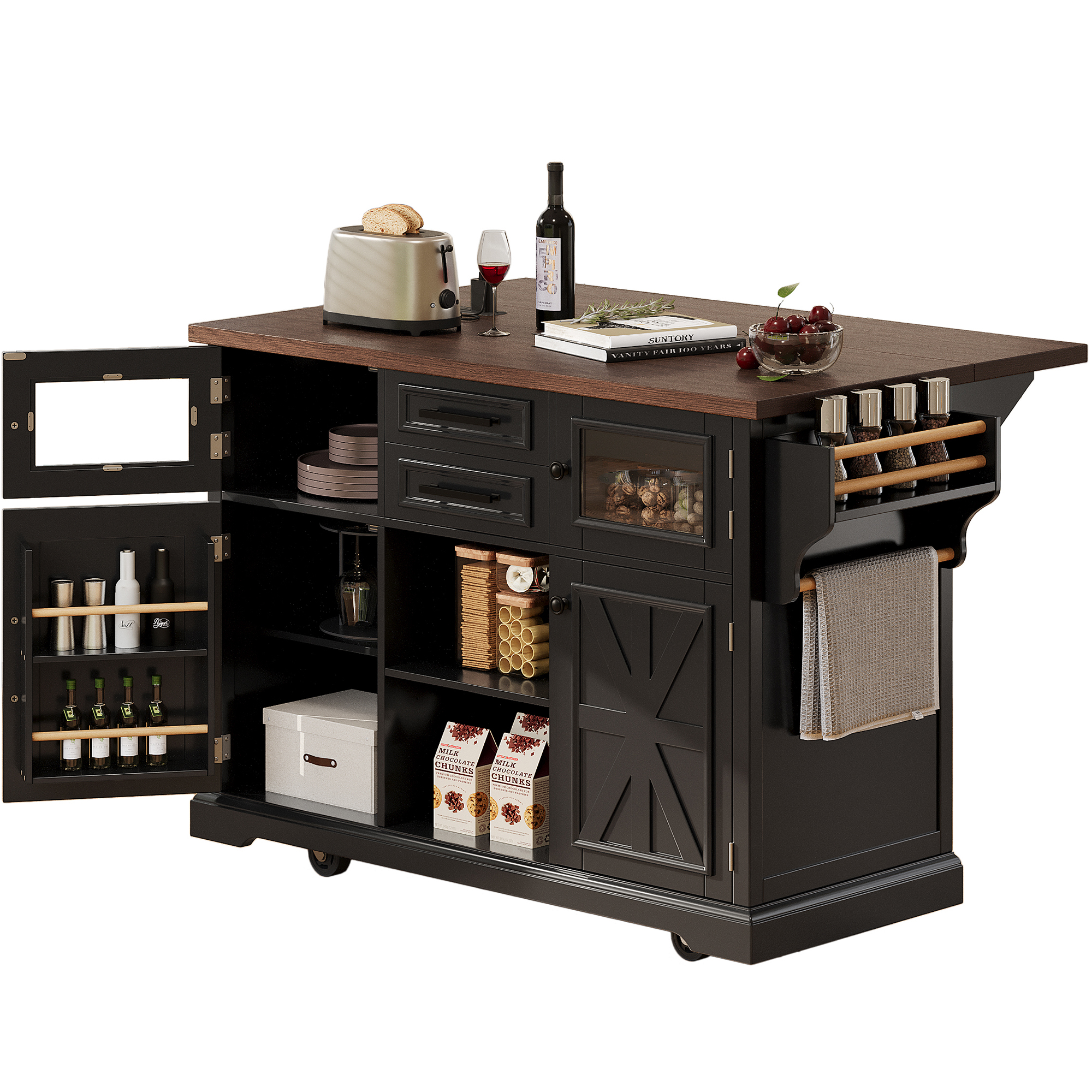 K&K 54.9" Kitchen Island with Drop Leaf, Power Outlet, Kitchen Storage Cart with 4 Door Shelves, Cross Barn Doors & Visual Glass Door, Rolling Kitchen Island on 4 Wheels for Kitchen, Dining Room,Black - Image 3