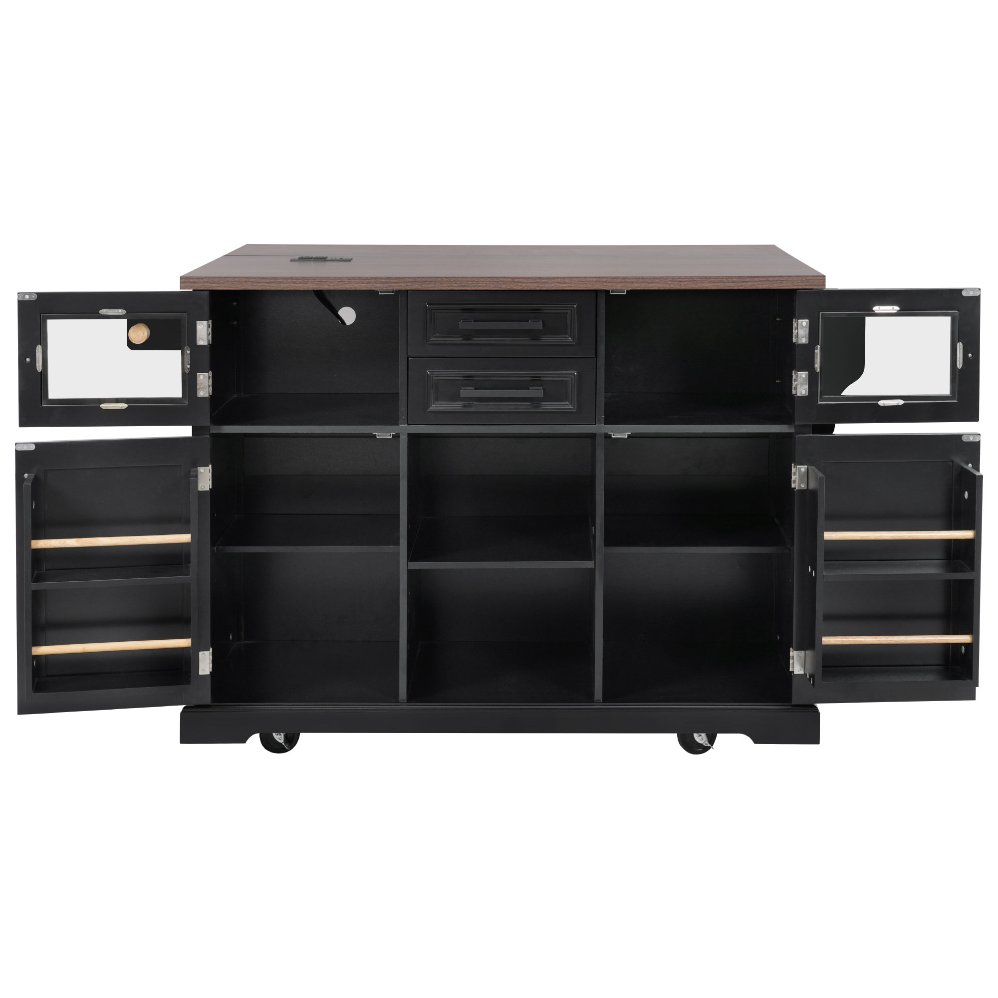 K&K 54.9" Kitchen Island with Drop Leaf, Power Outlet, Kitchen Storage Cart with 4 Door Shelves, Cross Barn Doors & Visual Glass Door, Rolling Kitchen Island on 4 Wheels for Kitchen, Dining Room,Black - Image 4