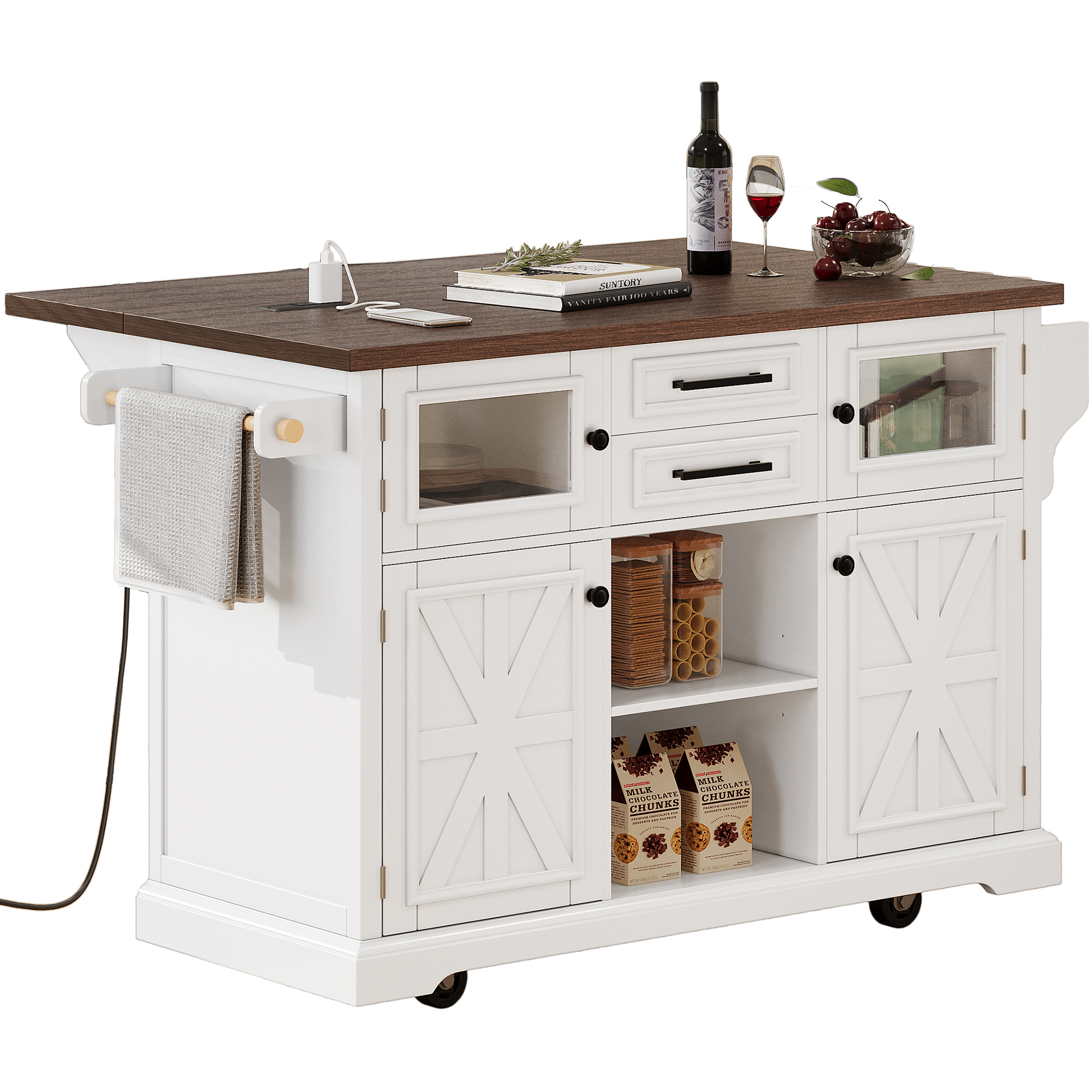 K&K 54.9" Kitchen Island with Drop Leaf, Power Outlet, Kitchen Storage Cart with 4 Door Shelves, Cross Barn Doors & Visual Glass Door, Rolling Kitchen Island on 4 Wheels for Kitchen, Dining Room,White - Image 2