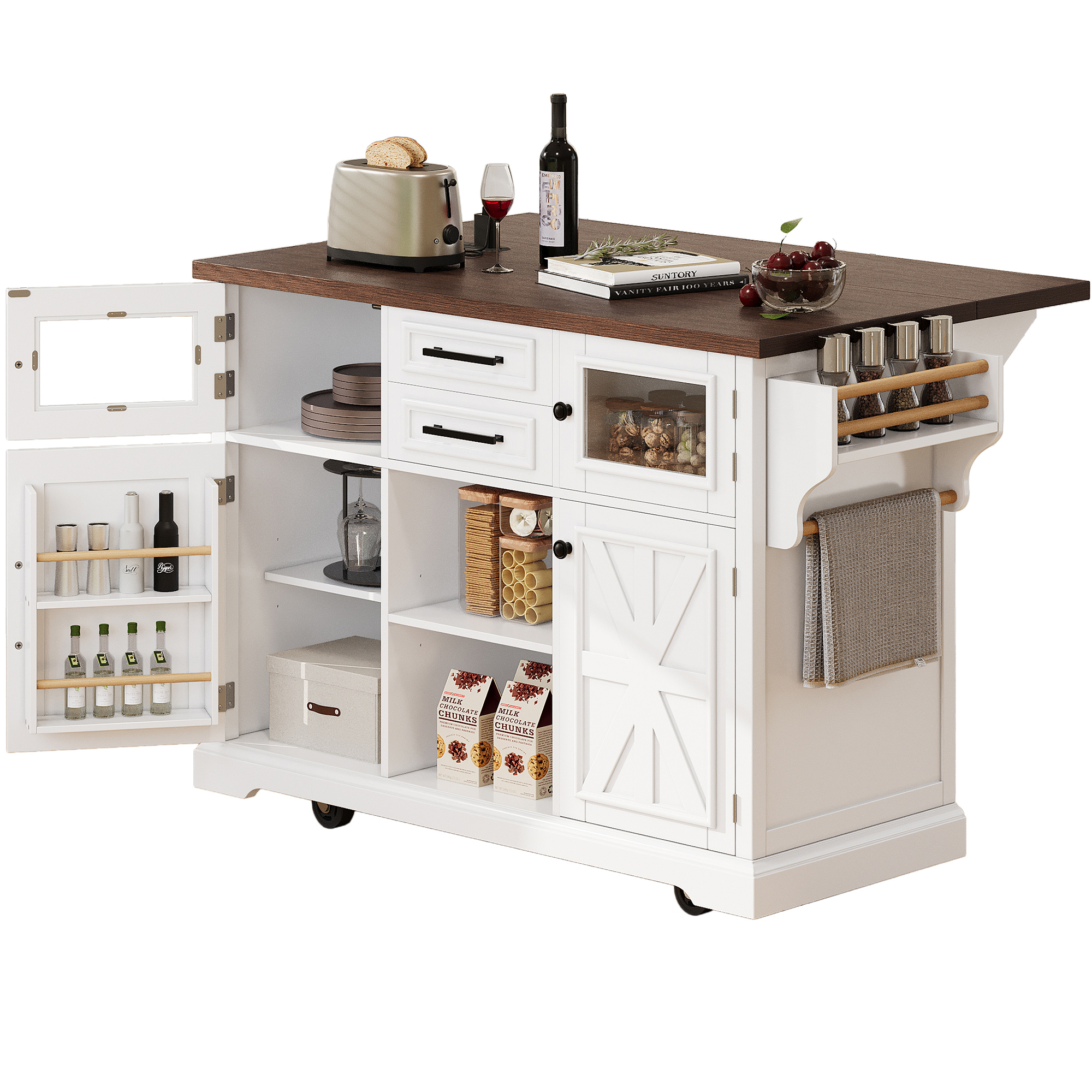 K&K 54.9" Kitchen Island with Drop Leaf, Power Outlet, Kitchen Storage Cart with 4 Door Shelves, Cross Barn Doors & Visual Glass Door, Rolling Kitchen Island on 4 Wheels for Kitchen, Dining Room,White - Image 3