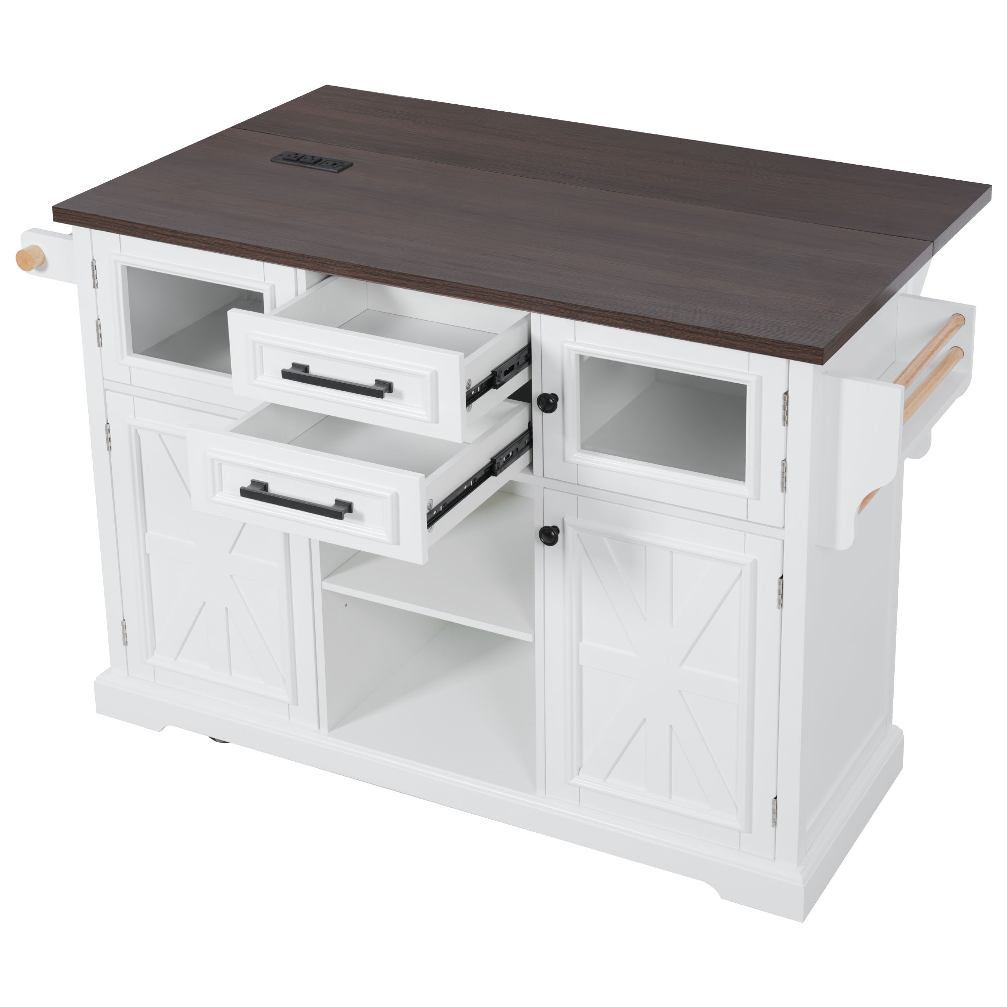 K&K 54.9" Kitchen Island with Drop Leaf, Power Outlet, Kitchen Storage Cart with 4 Door Shelves, Cross Barn Doors & Visual Glass Door, Rolling Kitchen Island on 4 Wheels for Kitchen, Dining Room,White - Image 4
