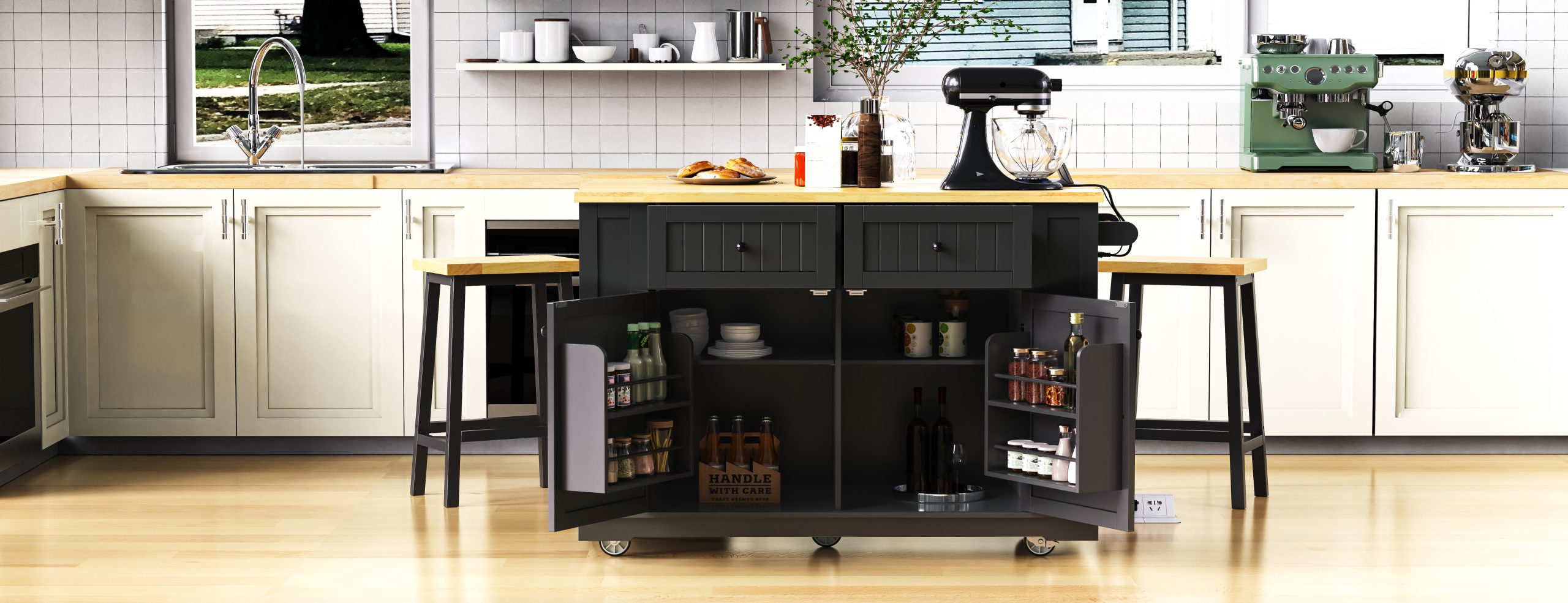 48inch Kitchen Island with 2 Bar Stools, Power Outlet, Internal Storage Rack, Kitchen Storage Cart on 5 Wheels with Drop Leaf, 5 Open Side Racks, Drawers, Black (Old SKU N707S000015B)(Three Packages) - Image 4