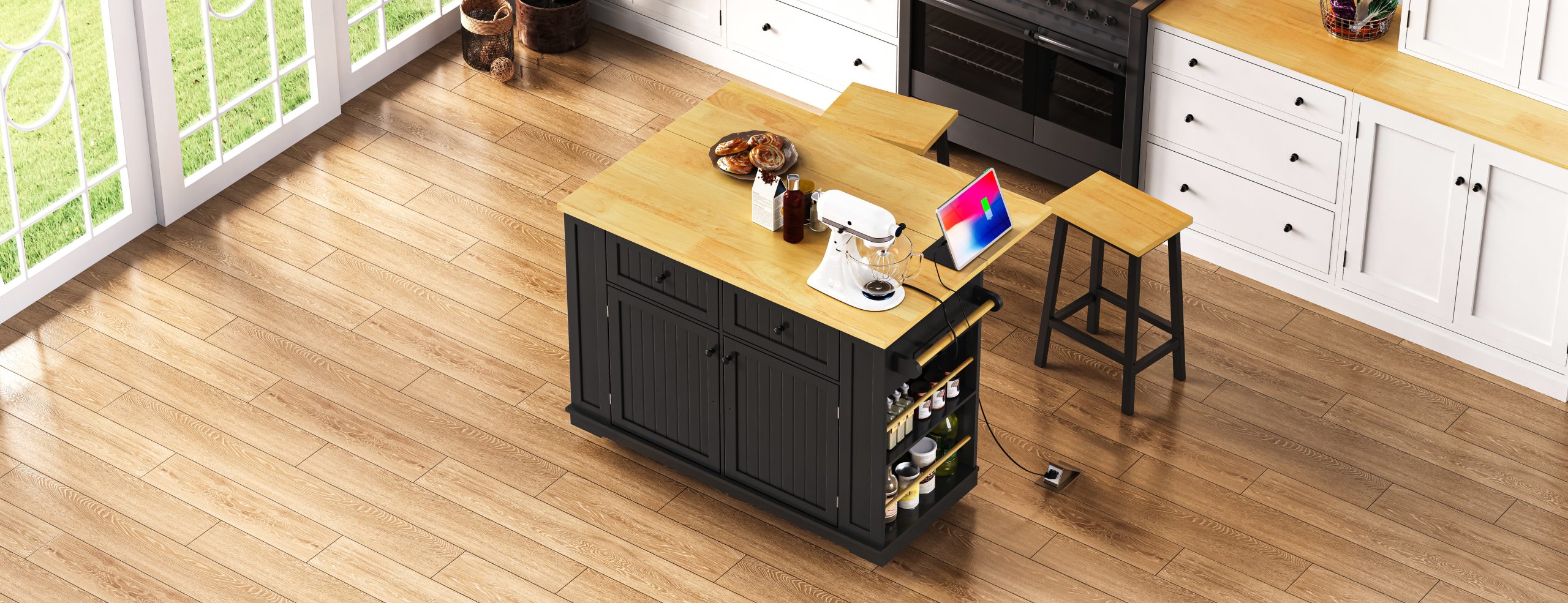 48inch Kitchen Island with 2 Bar Stools, Power Outlet, Internal Storage Rack, Kitchen Storage Cart on 5 Wheels with Drop Leaf, 5 Open Side Racks, Drawers, Black (Old SKU N707S000015B)(Three Packages) - Image 6