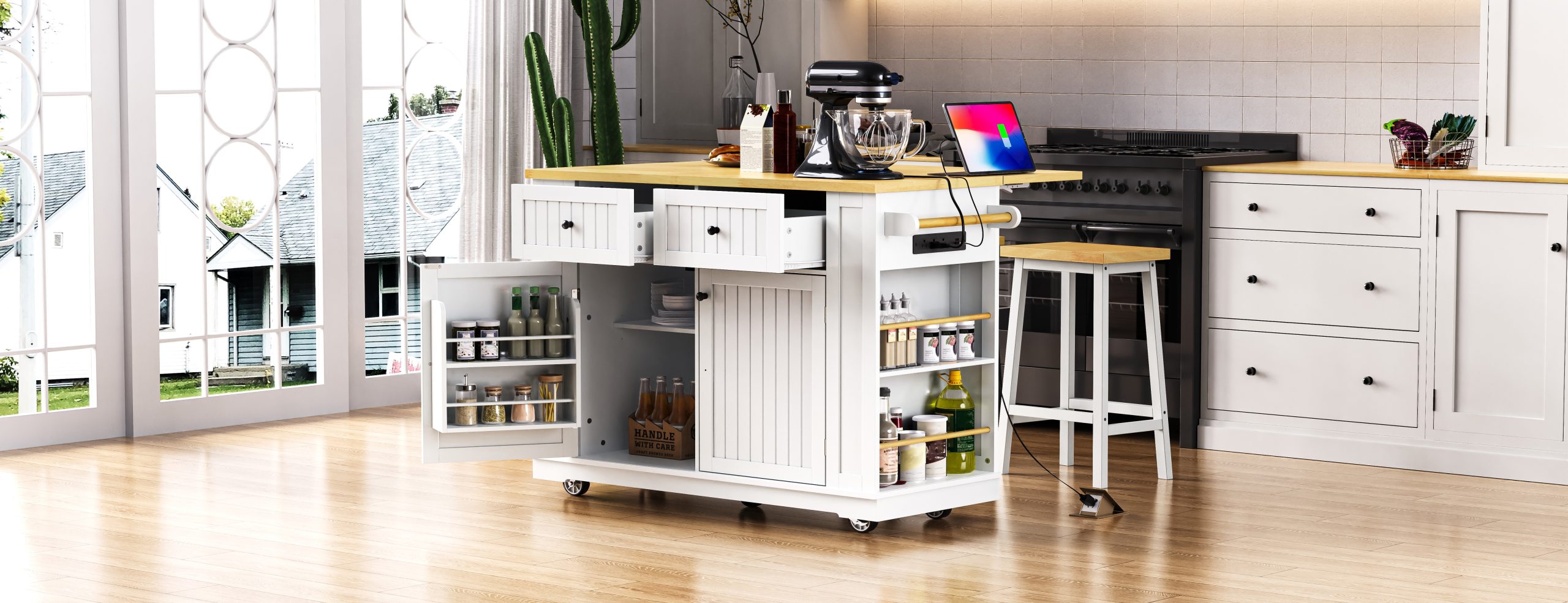 48 inch Kitchen Island with Drop Leaf,Power Outlet,Internal Storage Rack,Rolling Kitchen Storage Cart on 5 Wheels with 5 Open Side Racks for Kitchen,White (Old SKU N707P257057W)(Not Include Stools) - Image 2