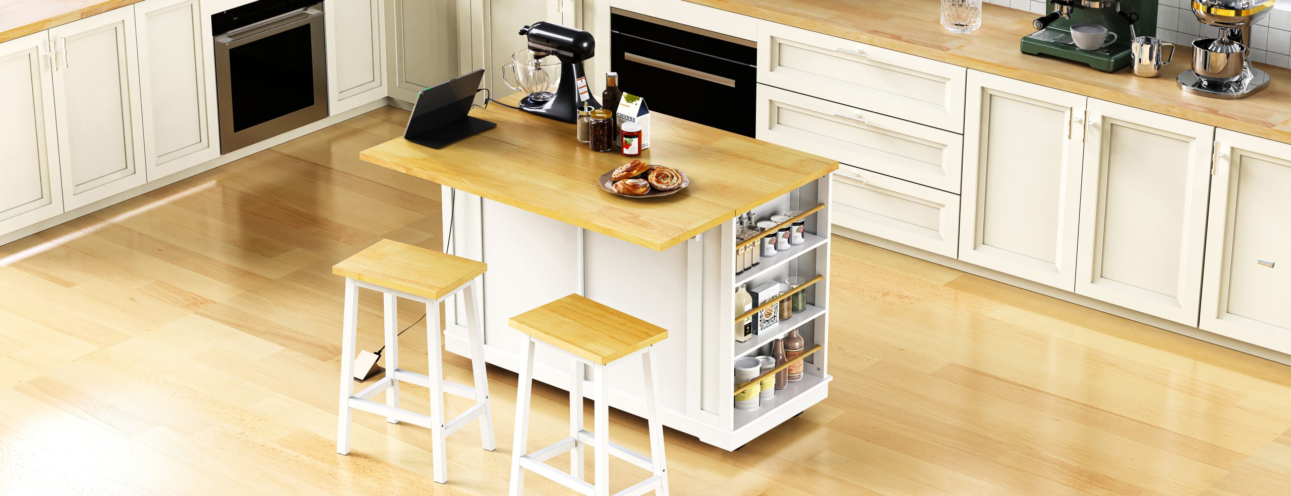 48 inch Kitchen Island with Drop Leaf,Power Outlet,Internal Storage Rack,Rolling Kitchen Storage Cart on 5 Wheels with 5 Open Side Racks for Kitchen,White (Old SKU N707P257057W)(Not Include Stools) - Image 3