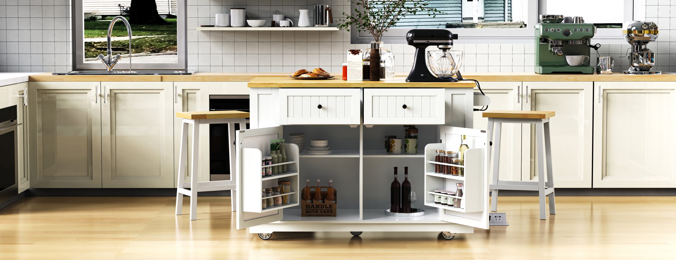 48 inch Kitchen Island with Drop Leaf,Power Outlet,Internal Storage Rack,Rolling Kitchen Storage Cart on 5 Wheels with 5 Open Side Racks for Kitchen,White (Old SKU N707P257057W)(Not Include Stools) - Image 4