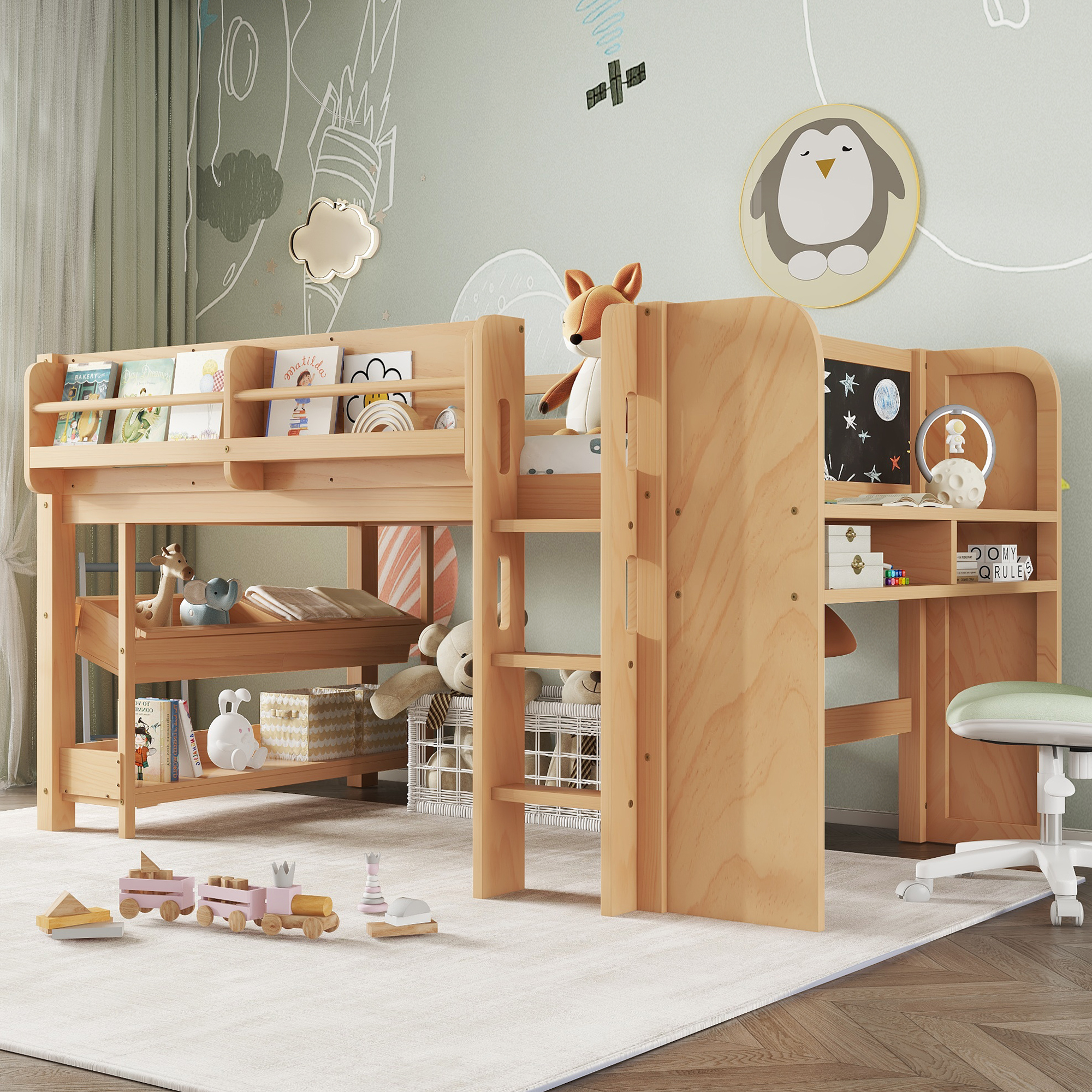 Twin Loft Bed with Multi-storage Bookcases, Boxes and Drawers, Solid Wood Low Loft Beds with Desk and Blackboard, No Box Spring Needed,Natural - Image 1