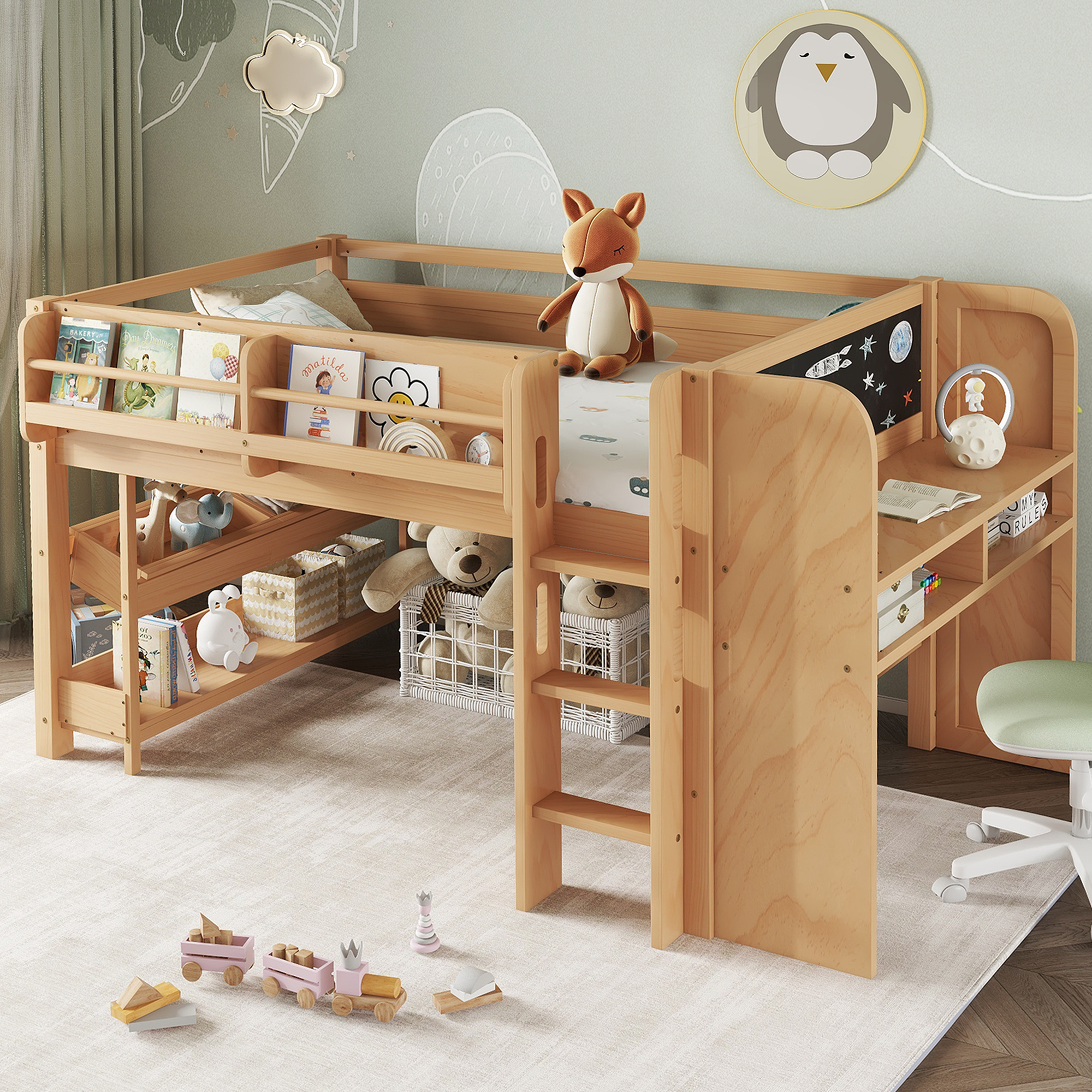 Twin Loft Bed with Multi-storage Bookcases, Boxes and Drawers, Solid Wood Low Loft Beds with Desk and Blackboard, No Box Spring Needed,Natural - Image 2