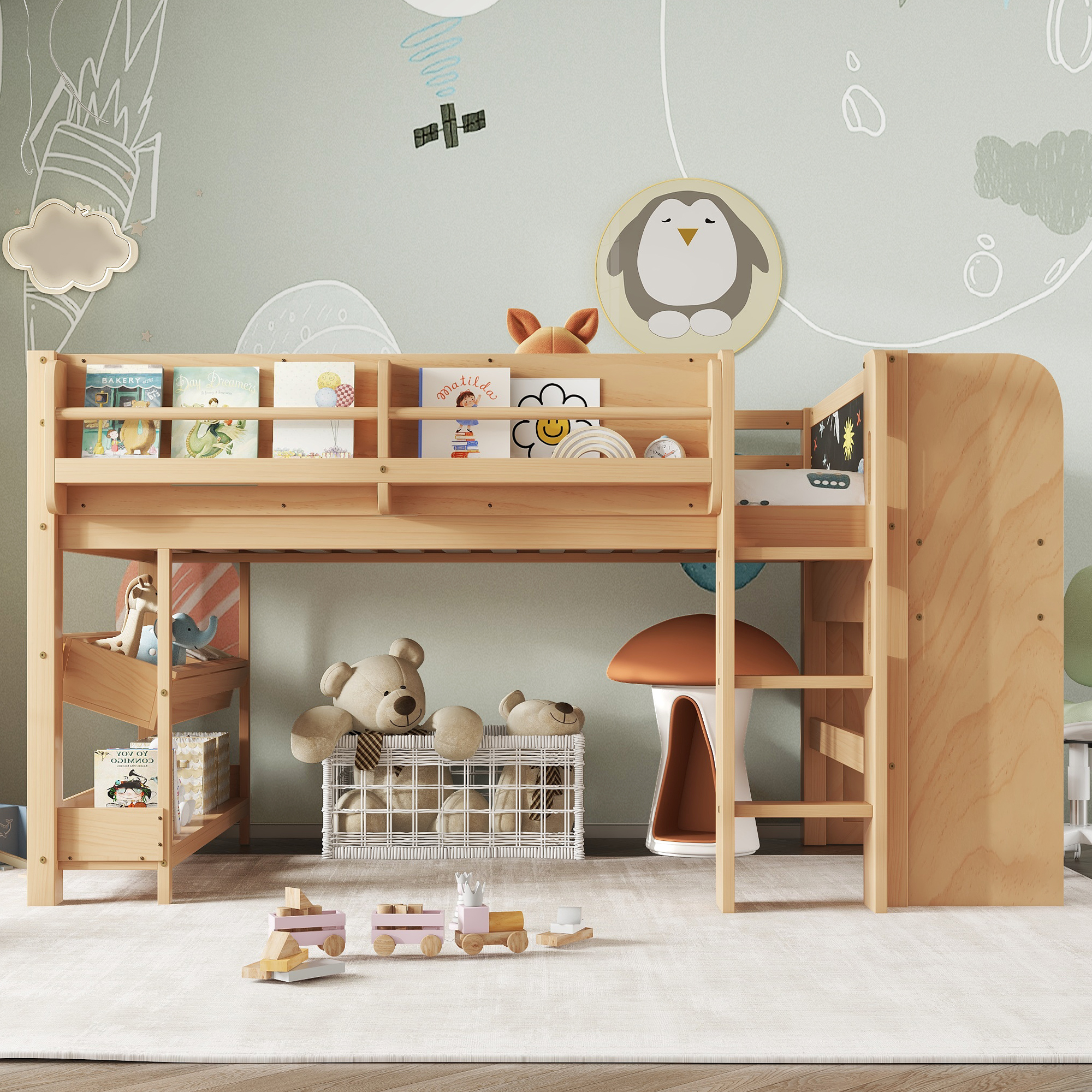 Twin Loft Bed with Multi-storage Bookcases, Boxes and Drawers, Solid Wood Low Loft Beds with Desk and Blackboard, No Box Spring Needed,Natural - Image 3