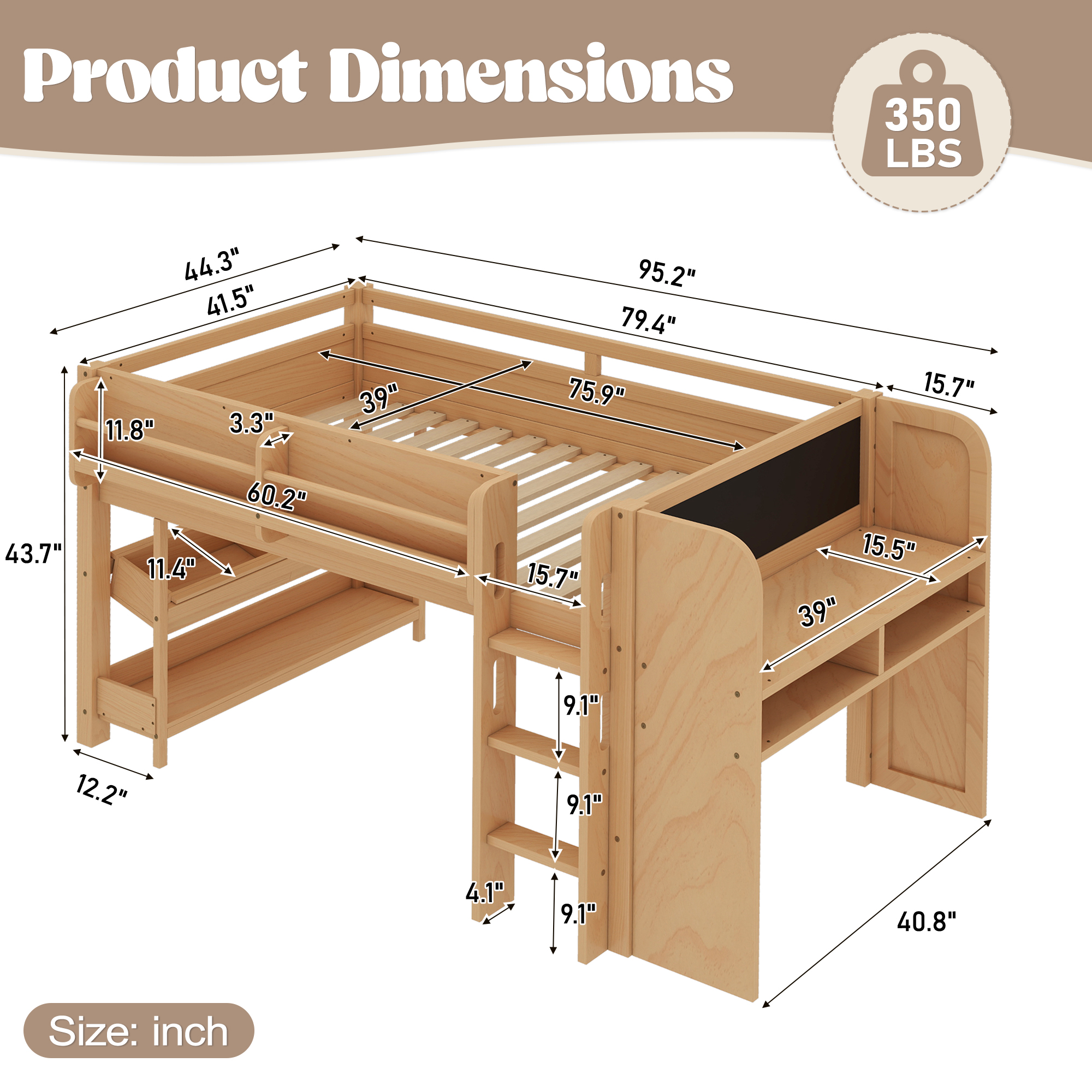 Twin Loft Bed with Multi-storage Bookcases, Boxes and Drawers, Solid Wood Low Loft Beds with Desk and Blackboard, No Box Spring Needed,Natural - Image 4