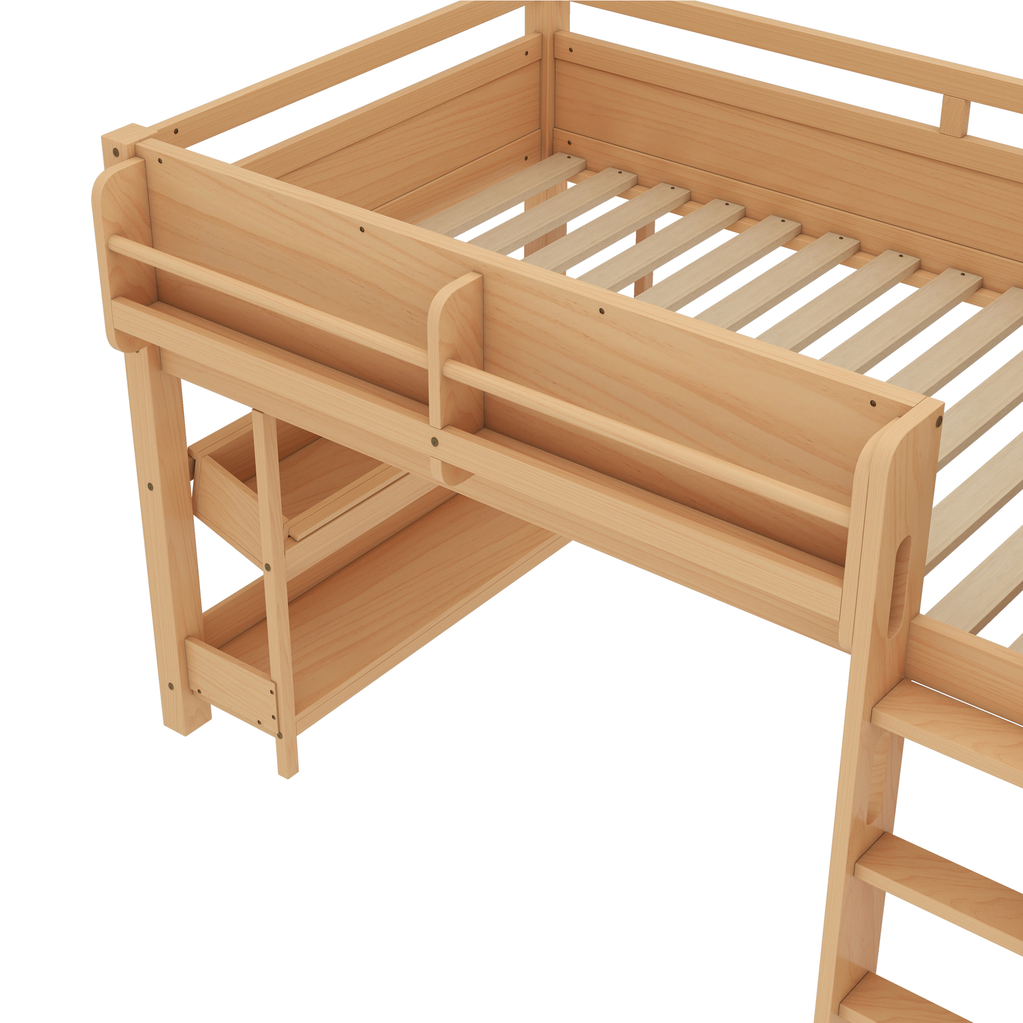 Twin Loft Bed with Multi-storage Bookcases, Boxes and Drawers, Solid Wood Low Loft Beds with Desk and Blackboard, No Box Spring Needed,Natural - Image 5