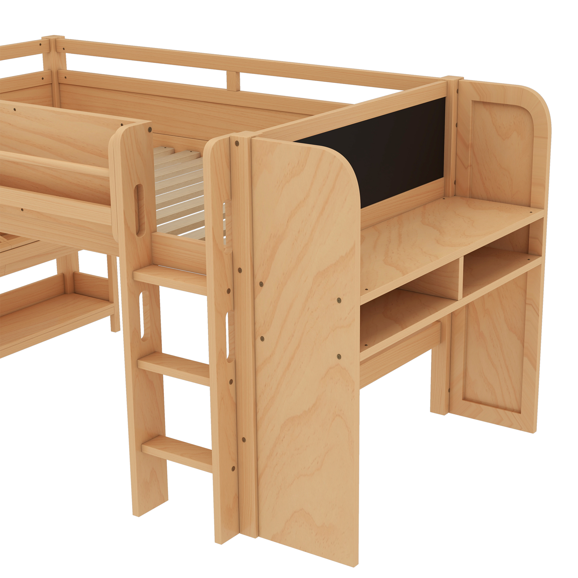 Twin Loft Bed with Multi-storage Bookcases, Boxes and Drawers, Solid Wood Low Loft Beds with Desk and Blackboard, No Box Spring Needed,Natural - Image 6