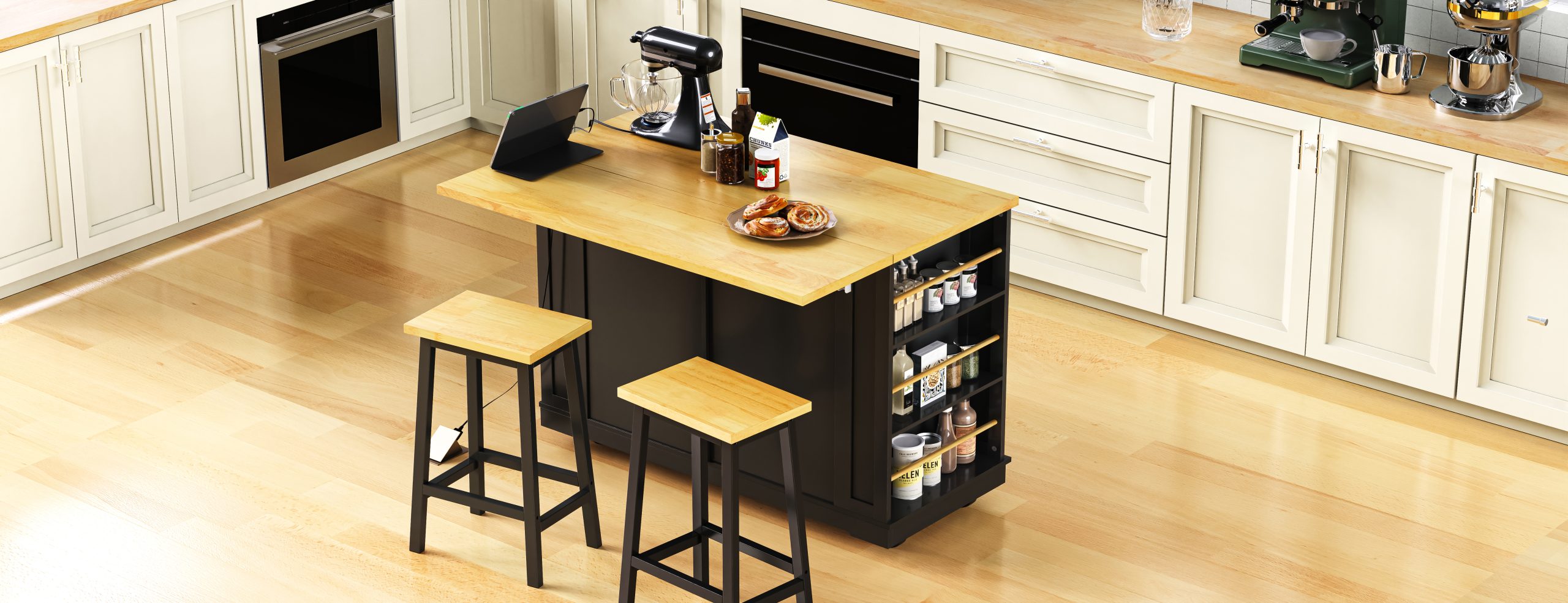 48 inch Kitchen Island with Drop Leaf,Power Outlet,Internal Storage Rack,Rolling Kitchen Storage Cart on 5 Wheels with 5 Open Side Racks,for Kitchen,Black (Old SKU N707P257057B)(Not Include Stools) - Image 4