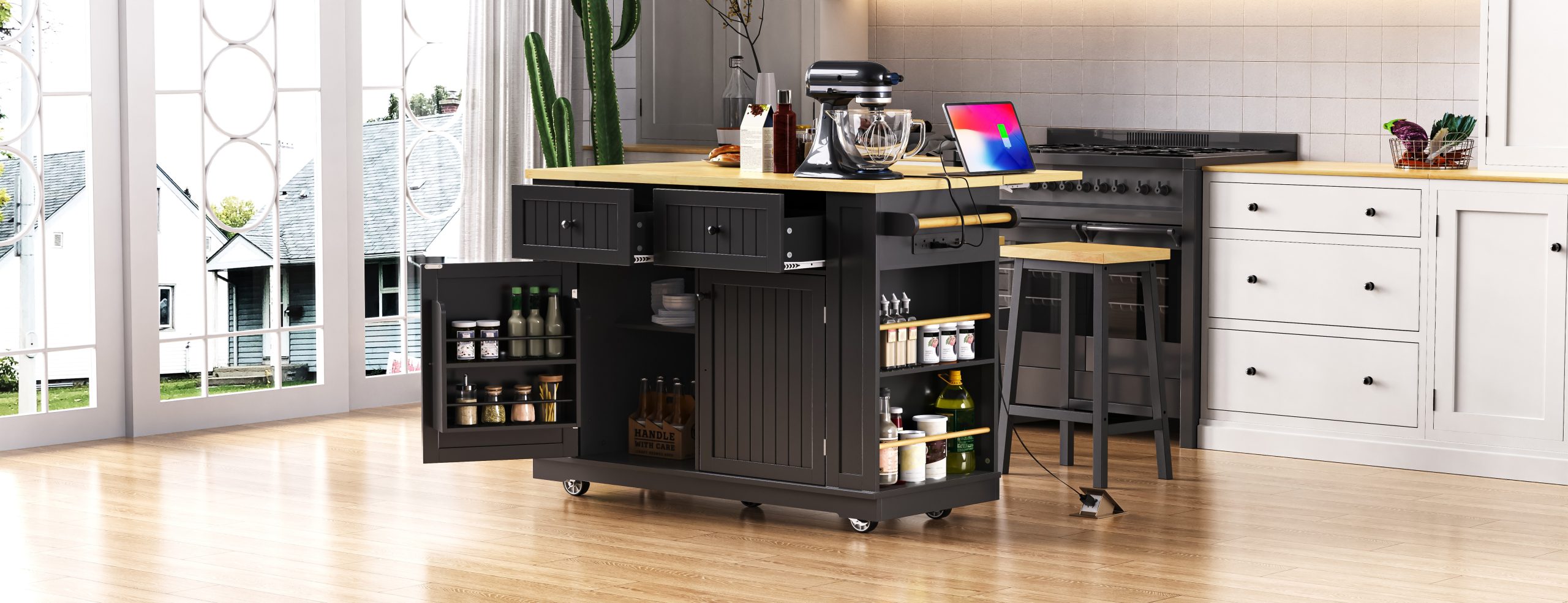48 inch Kitchen Island with Drop Leaf,Power Outlet,Internal Storage Rack,Rolling Kitchen Storage Cart on 5 Wheels with 5 Open Side Racks,for Kitchen,Black (Old SKU N707P257057B)(Not Include Stools) - Image 6