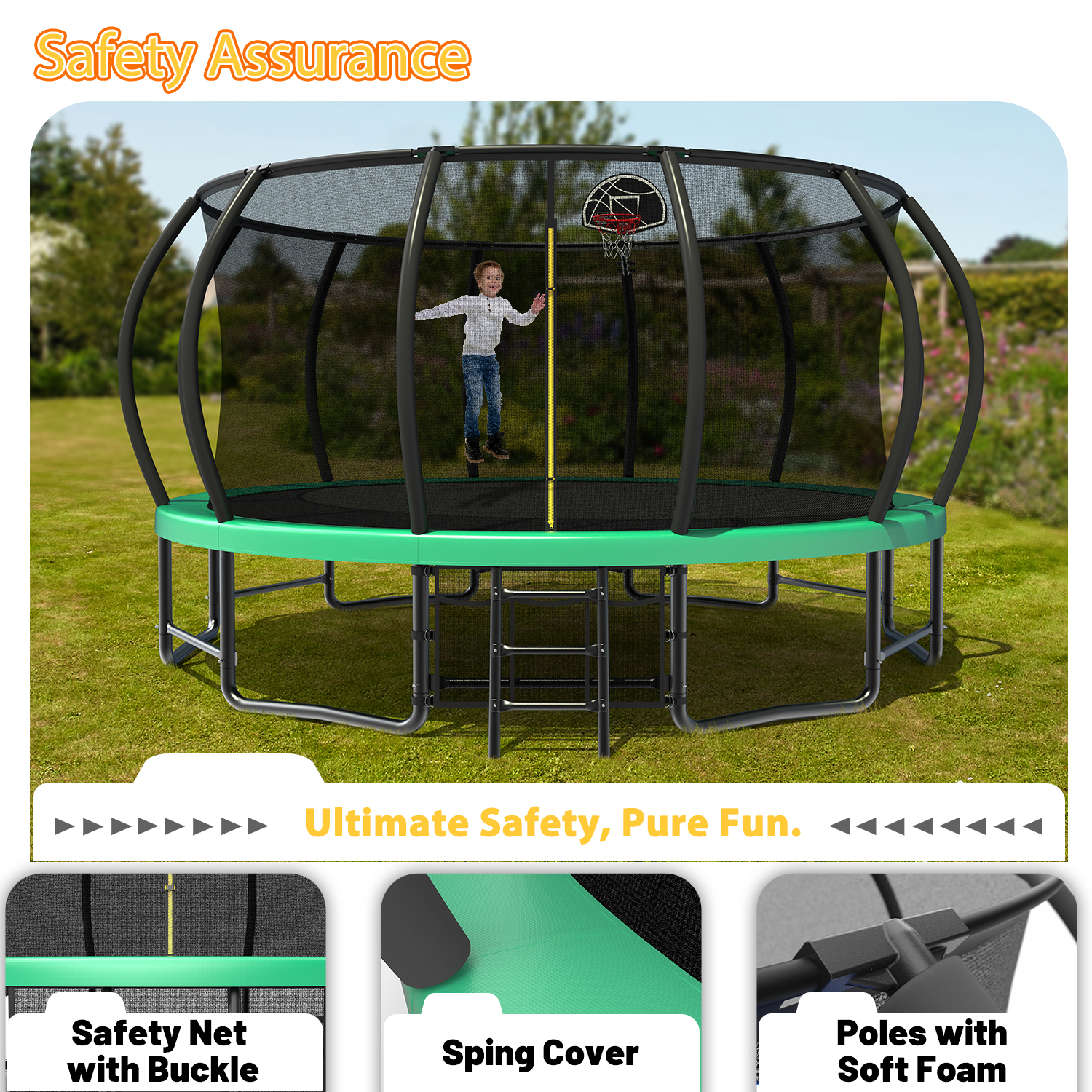 16FT Outdoor Trampoline for Kids and Adults, Pumpkin Trampolines with Curved Poles,Heavy Duty Trampoline Anti-Rust Coating ASTM Approval - Image 5
