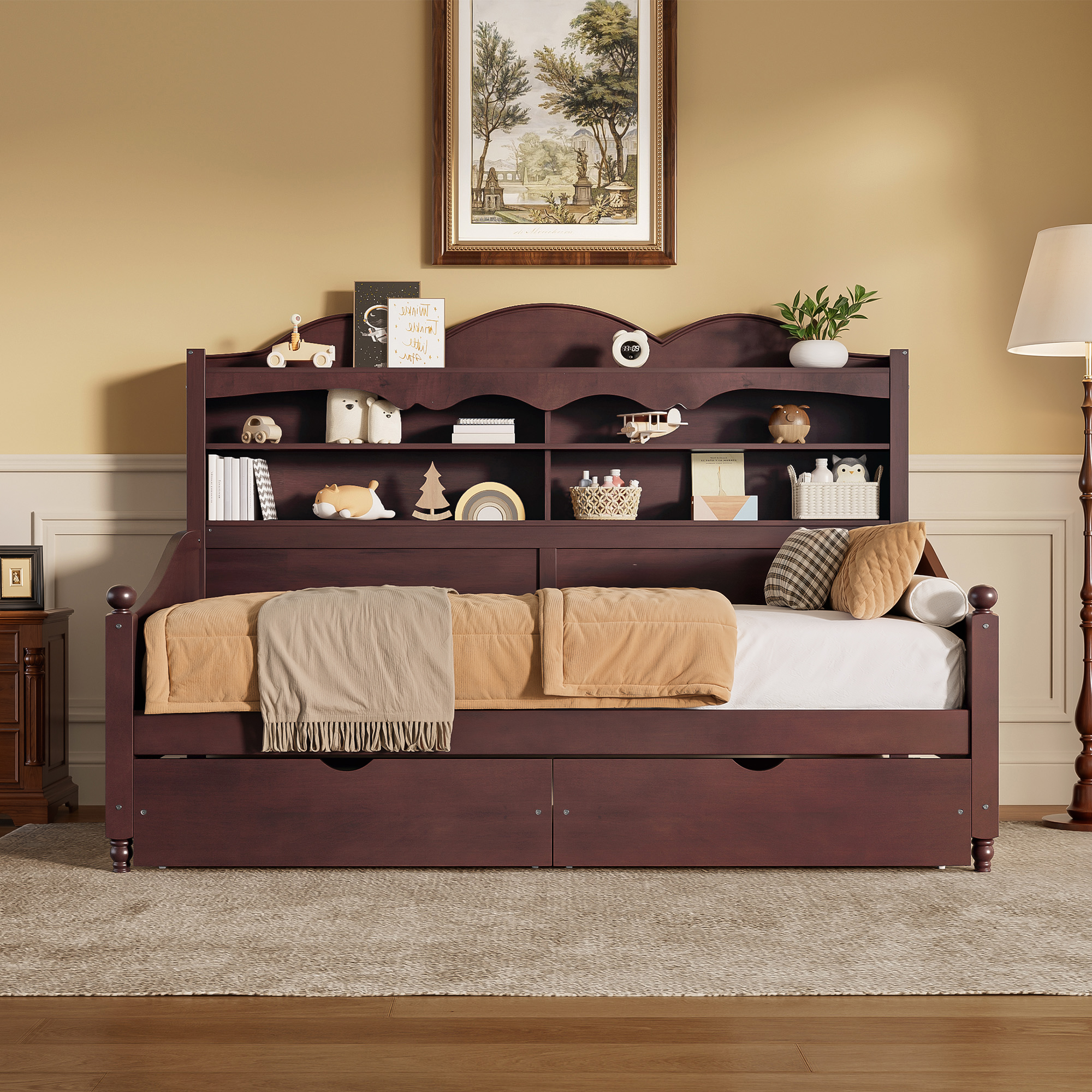 Twin Daybed With Storage Drawers, Wooden Twin Day Bed With Storage Headboard Shelving, Retro Style Daybed For Bedroom,Living Room,Guest Room,No Box Spring Needed, Easy Assembly,Espresso - Image 2