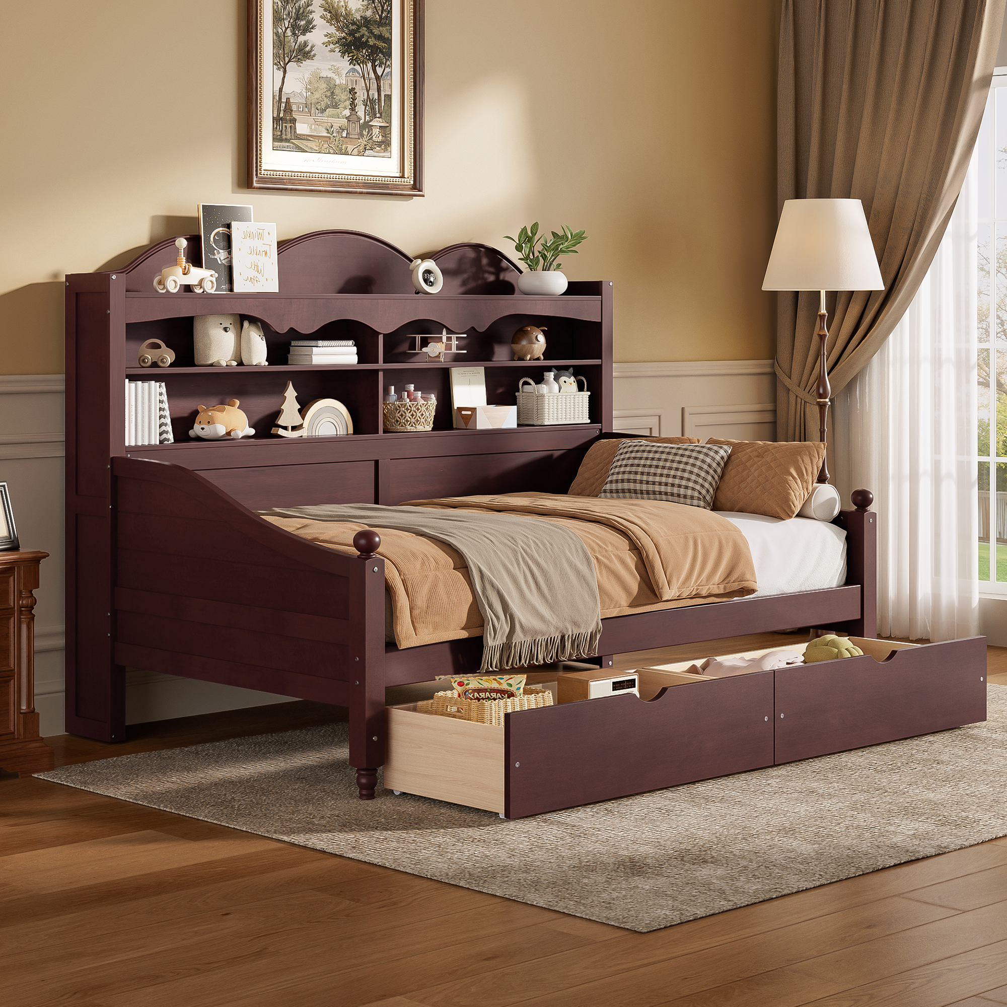 Twin Daybed With Storage Drawers, Wooden Twin Day Bed With Storage Headboard Shelving, Retro Style Daybed For Bedroom,Living Room,Guest Room,No Box Spring Needed, Easy Assembly,Espresso - Image 3