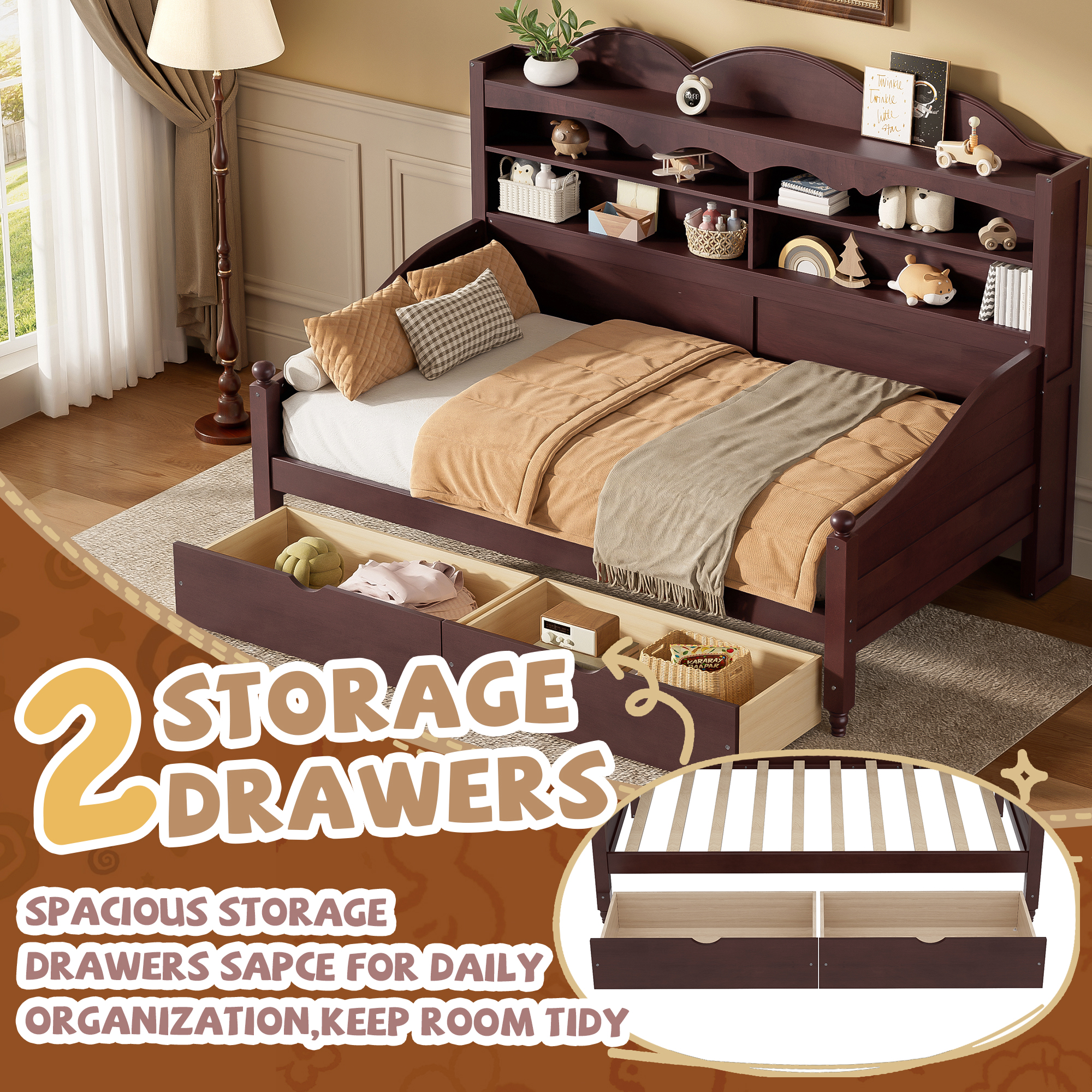Twin Daybed With Storage Drawers, Wooden Twin Day Bed With Storage Headboard Shelving, Retro Style Daybed For Bedroom,Living Room,Guest Room,No Box Spring Needed, Easy Assembly,Espresso - Image 4