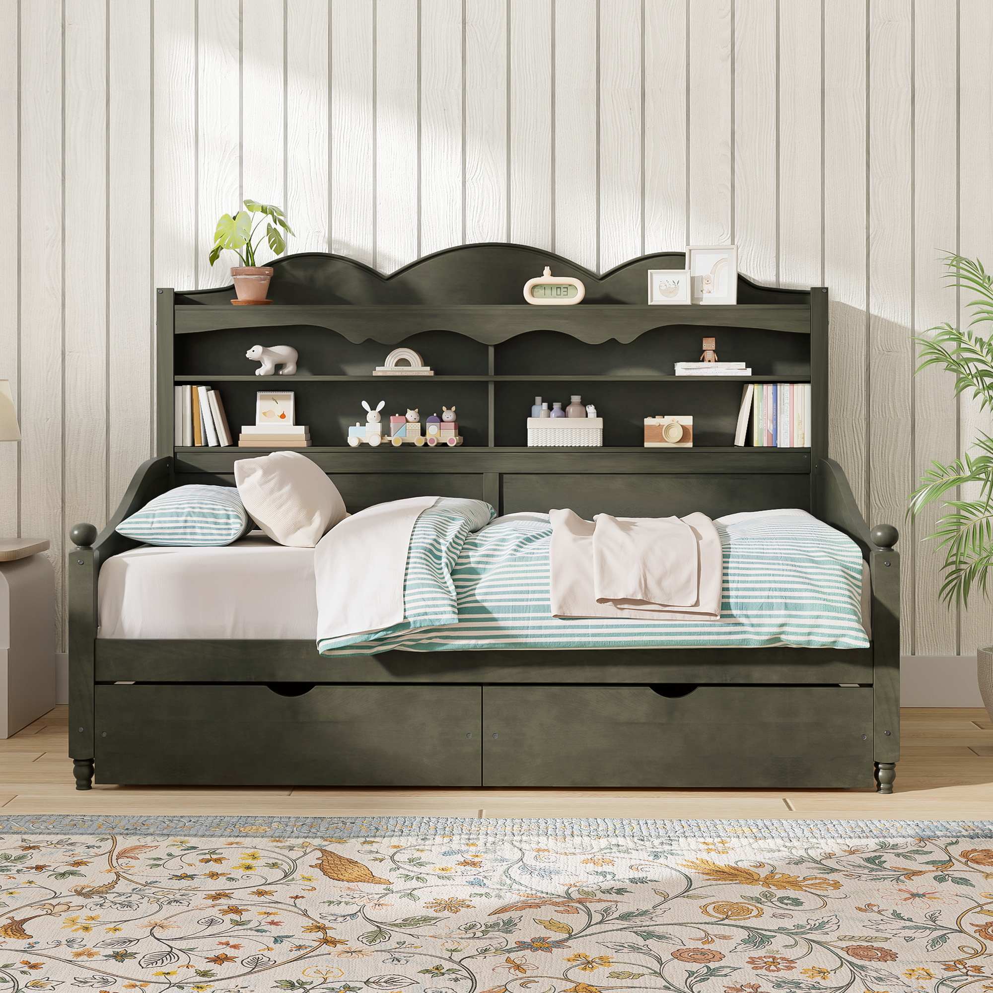 Twin Daybed With Storage Drawers, Wooden Twin Day Bed With Storage Headboard Shelving, Retro Style Daybed For Bedroom,Living Room,Guest Room,No Box Spring Needed, Easy Assembly, Antique Grey - Image 2