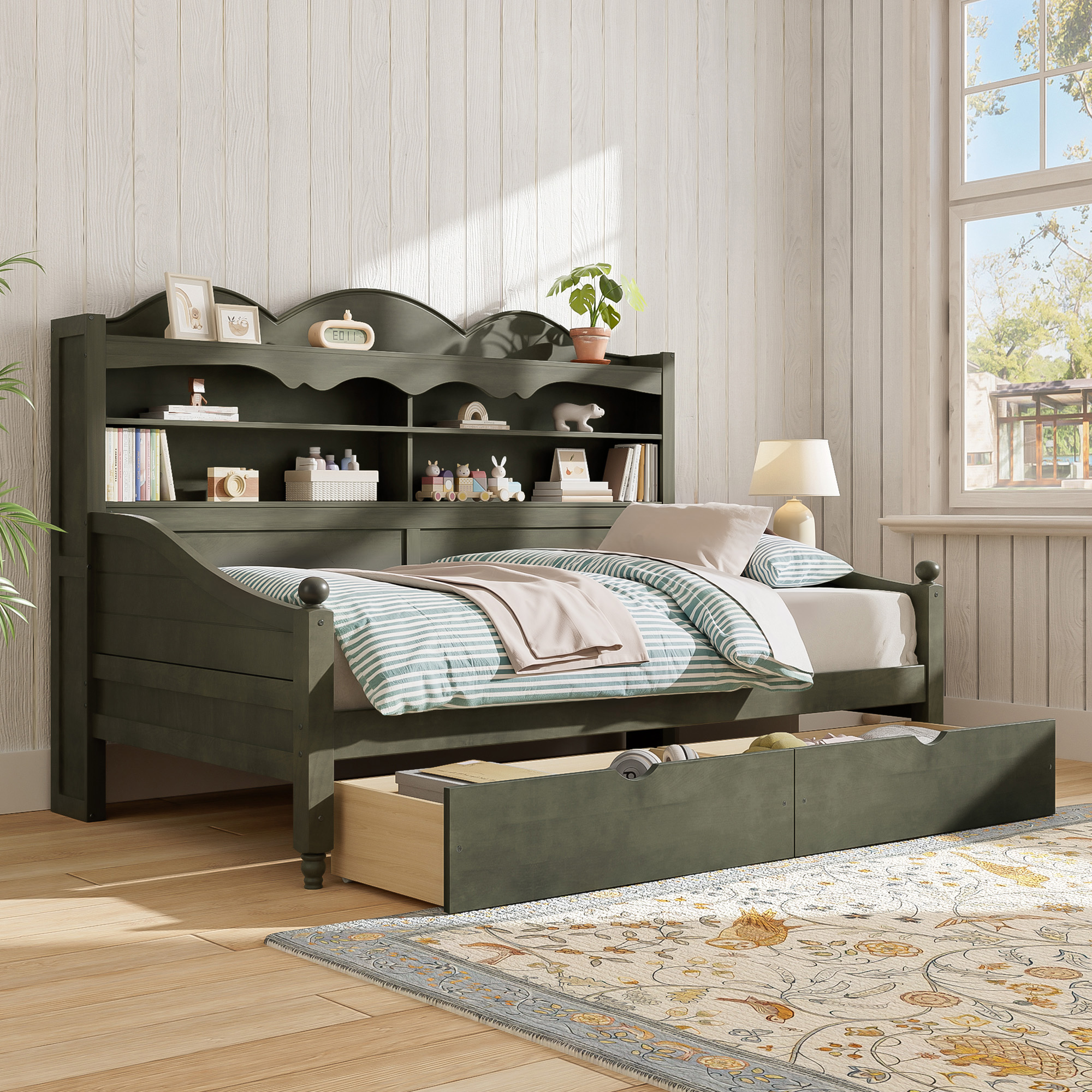 Twin Daybed With Storage Drawers, Wooden Twin Day Bed With Storage Headboard Shelving, Retro Style Daybed For Bedroom,Living Room,Guest Room,No Box Spring Needed, Easy Assembly, Antique Grey - Image 3