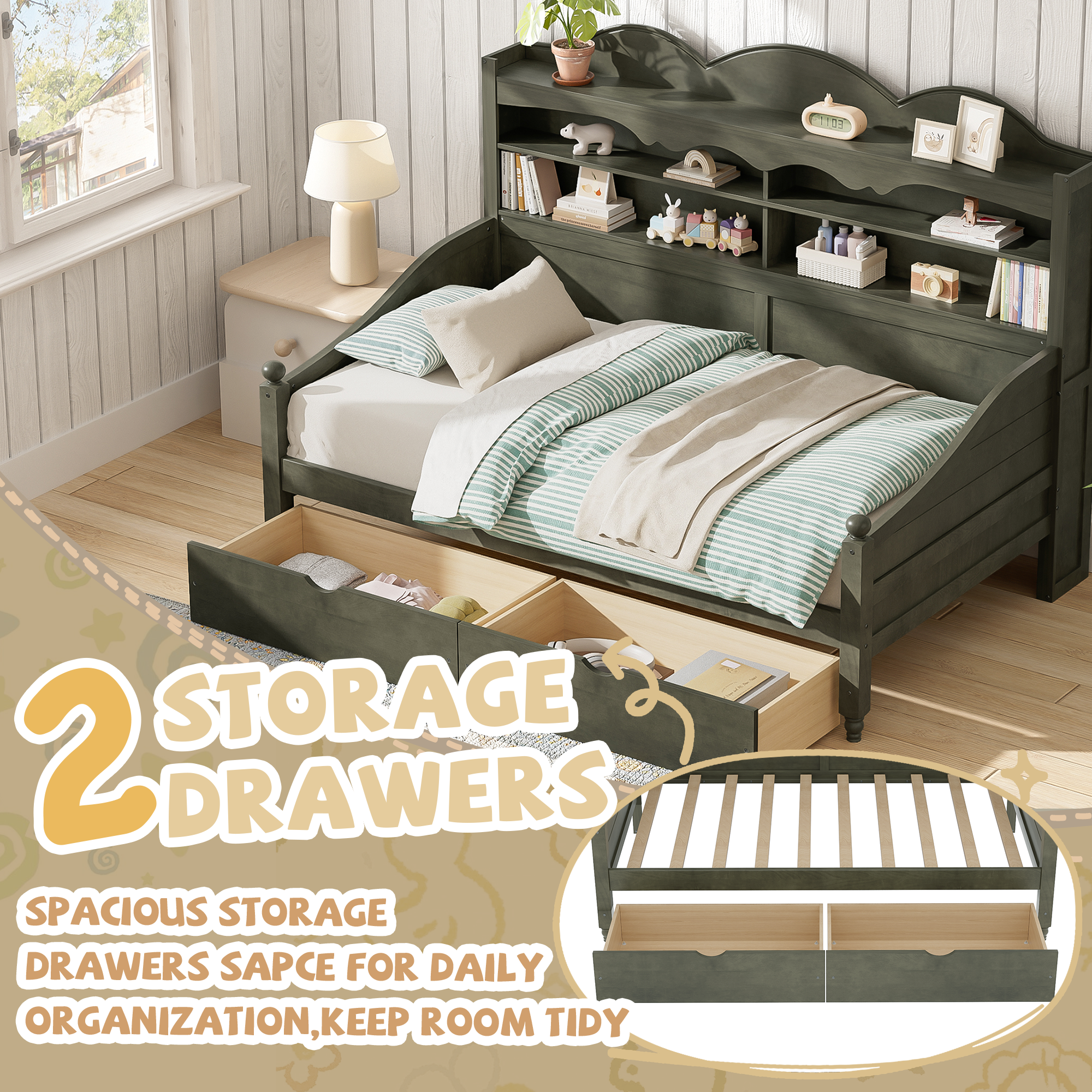 Twin Daybed With Storage Drawers, Wooden Twin Day Bed With Storage Headboard Shelving, Retro Style Daybed For Bedroom,Living Room,Guest Room,No Box Spring Needed, Easy Assembly, Antique Grey - Image 4