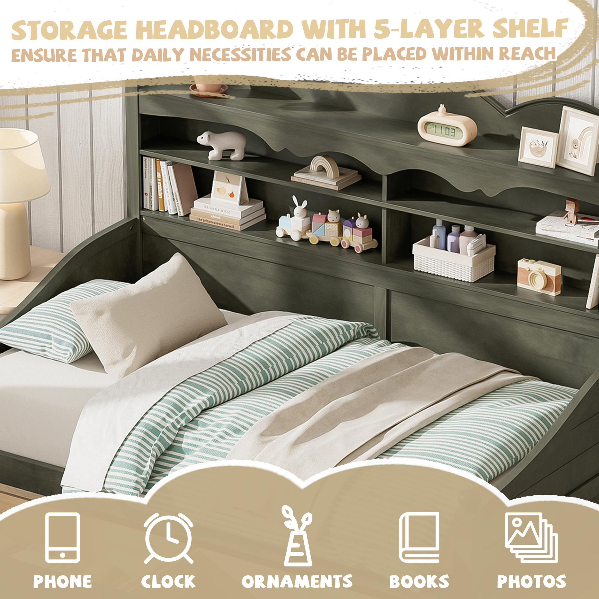 Twin Daybed With Storage Drawers, Wooden Twin Day Bed With Storage Headboard Shelving, Retro Style Daybed For Bedroom,Living Room,Guest Room,No Box Spring Needed, Easy Assembly, Antique Grey - Image 5