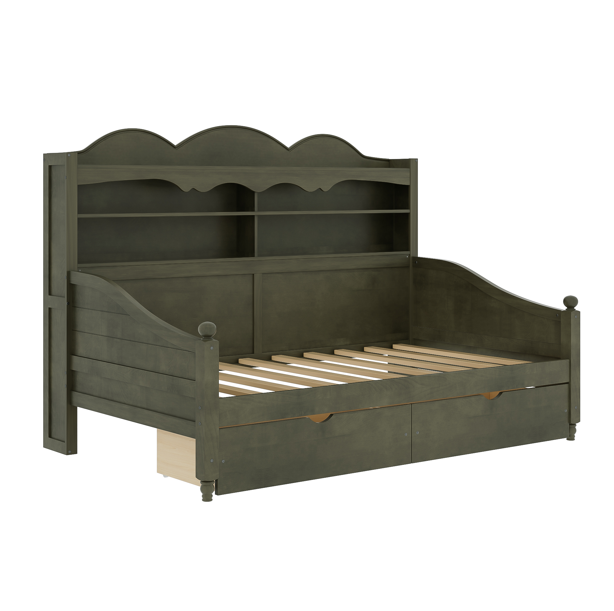Twin Daybed With Storage Drawers, Wooden Twin Day Bed With Storage Headboard Shelving, Retro Style Daybed For Bedroom,Living Room,Guest Room,No Box Spring Needed, Easy Assembly, Antique Grey - Image 6