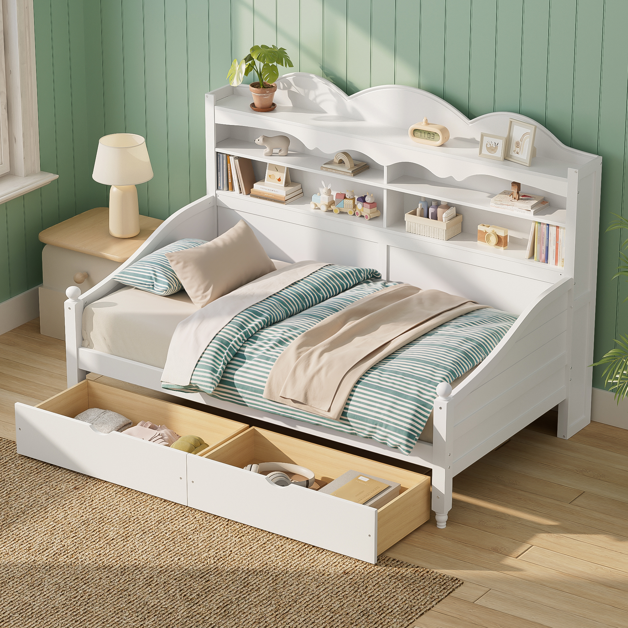 Twin Daybed With Storage Drawers, Wooden Twin Day Bed With Storage Headboard Shelving, Retro Style Daybed For Bedroom,Living Room,Guest Room,No Box Spring Needed, Easy Assembly, White - Image 1