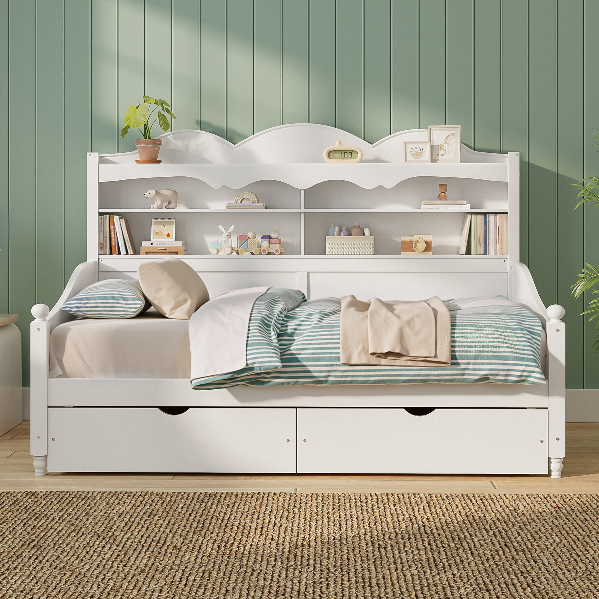 Twin Daybed With Storage Drawers, Wooden Twin Day Bed With Storage Headboard Shelving, Retro Style Daybed For Bedroom,Living Room,Guest Room,No Box Spring Needed, Easy Assembly, White - Image 2
