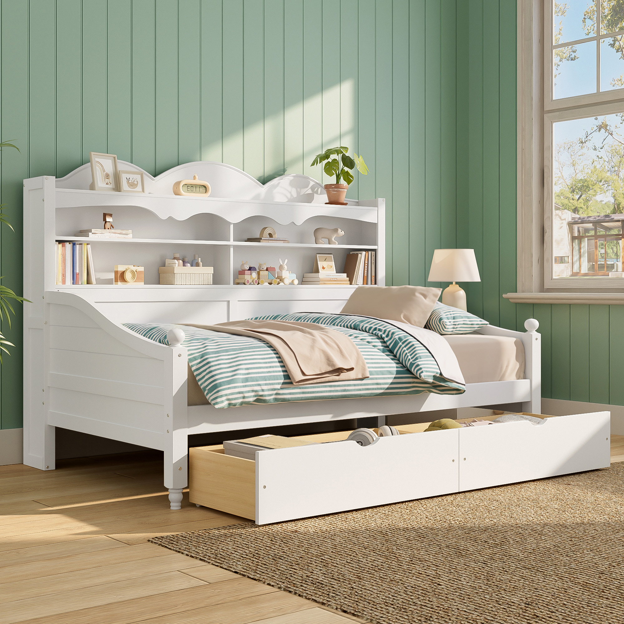 Twin Daybed With Storage Drawers, Wooden Twin Day Bed With Storage Headboard Shelving, Retro Style Daybed For Bedroom,Living Room,Guest Room,No Box Spring Needed, Easy Assembly, White - Image 3